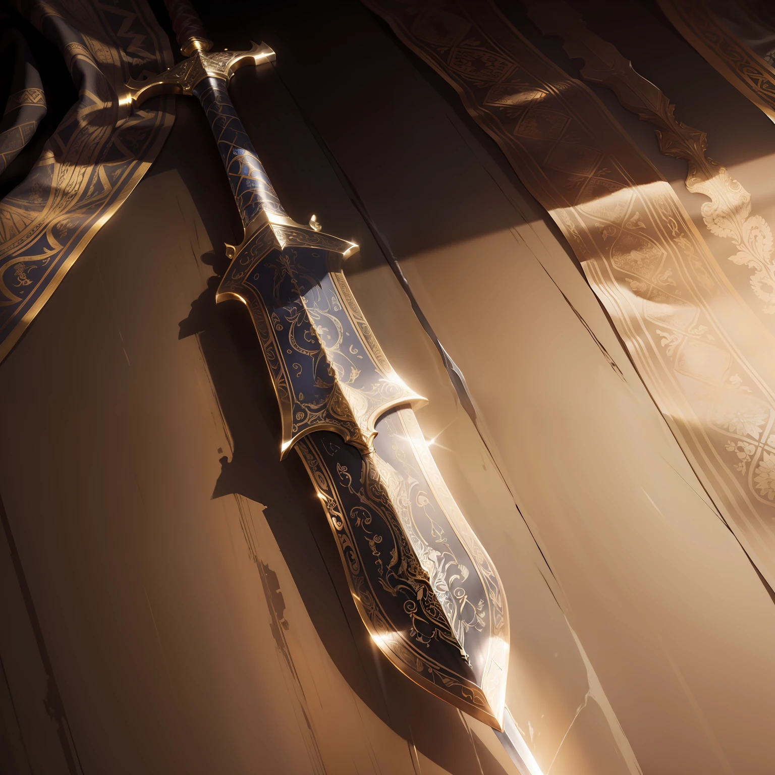 A sword rests on a silk background，Bronze texture，Ancient complex patterns，Shine brightly，super detailing，Hyper Real