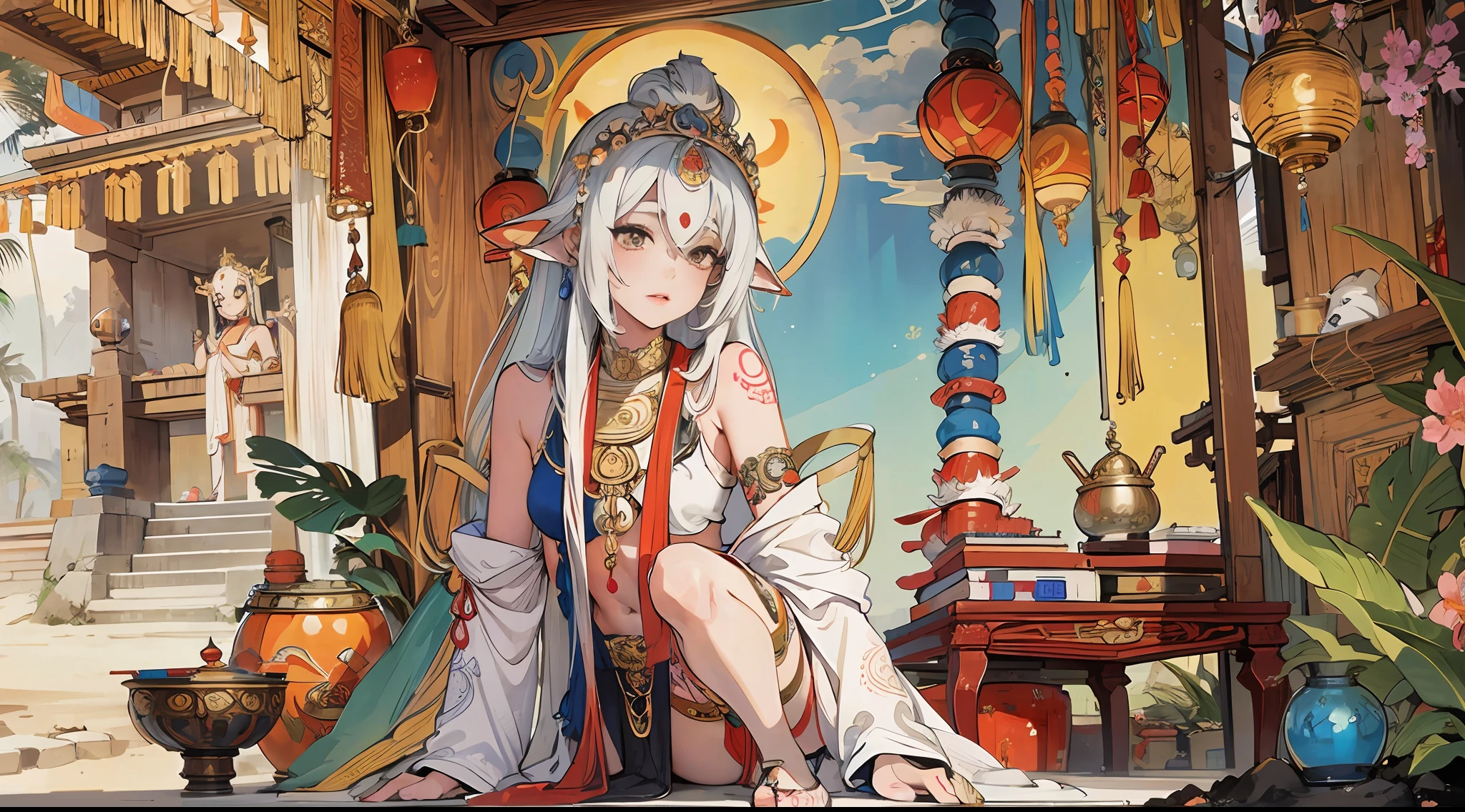 A DJ Buddha mixing music outside a Hindu temple on the beach next to a young tantric priestess in loincloth with tattoos and percings Photo Realistic --auto
