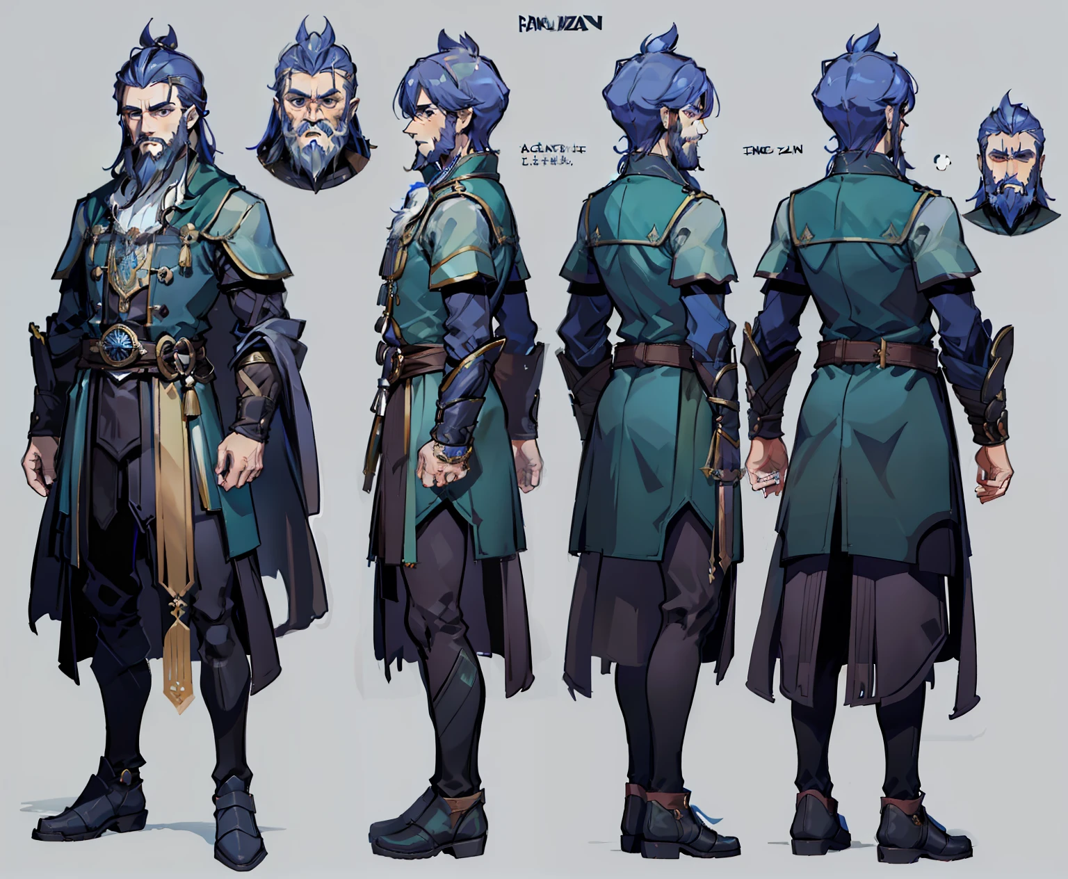 1man, reference sheet, matching outfit, (fantasy character design, front, back, sides, left, right, up, down) grand ancient wizard, guardian, immense power, mage, Magic, long beard, old ancient.