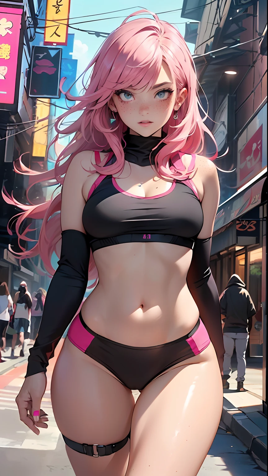 sporty girl,(((1girl))),((anime girl with bubblegum pink hair and freckles, extremely cute and gorgeous seductively walking down the street)),
(large breasts:1.4),saggy breasts,(((bubblegum pink hair:1.35, straight hair, long hair:1.4, colored inner hair,ear breathing))),((heterochromia, eye1 pink, eye2 azul, perfect eyes, upturned eyes:1.3, beautiful detailed eyes, finely detailed beautiful eyes:1, big highlight on eyes:1.2, slanted eyes)), ((fat)),(((freckles on the face, freckles,freckled girl))),(((lustrous skin:1.5,bright skin: 1.5,skin tanned,shiny skin,very shiny skin,shiny body,plastic glitter skin,exaggerated shiny skin))),(spider lower abdomen,narrow waist,wide hip,athletic body,inflated legs,delicate detailed fingers,detailed body,detailed arms,human hands, detailed hands),
cute,slutty,seductive,erotic,nsfw,
zettai ryouiki,revealing clothing,show skin,((((underboob)))),(((small magenta sports bra, sport thong,visible thong straps))),(wearing a sport outfit:1.3,sport clothes,semi-naked,with little clothing,),(detailed outfit,detailed clothes),
(dynamic pose:1.0), embarrassed, centered, scale to fit dimensions, Rule of thirds,
outdoors, ((night view)), (cyberpunk night street Background: 1.5,dark sky,alleyway,lonely alley,thick clouds, detailed background:1.25),
(best quality), (high resolution), (sharp focus), (ultra detailed), (extremely detailed), (extremely high quality artwork), 8k_wallpaper, (extremely detailed CG 8k),(very fine 8K CG), ((hyper super ultra detailed perfect piece)), flawless, (((masterpiece))), illustration, vibrant colors, (intricate), High contrast, Selective lighting, Double exposure, HDR (High Dynamic Range), Post-processing, Background blur,
