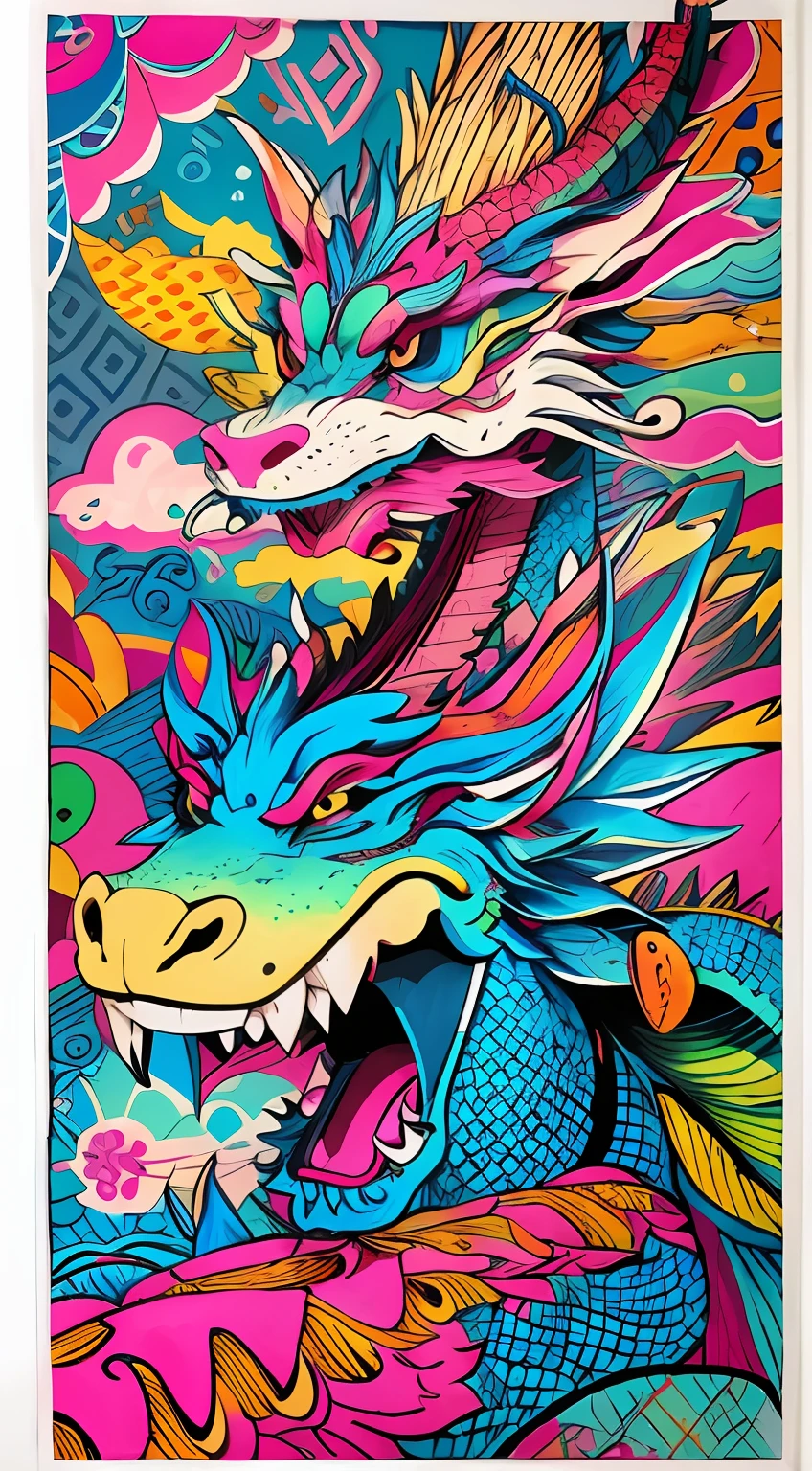 **Cute cartoon Chinese dragon , Regular dragon scales all over the body, White background, The lines are based on pink,Colorful colors complement you,Keith Haring style graffiti, Sharpie illustration, MBE illustration, Bold single-wide lines, Grunge beauty style, mixed patterns, emoj,Clouds,harf,the detail,Ultra HD image - AR 3:4 50 --niji 5 --s 2