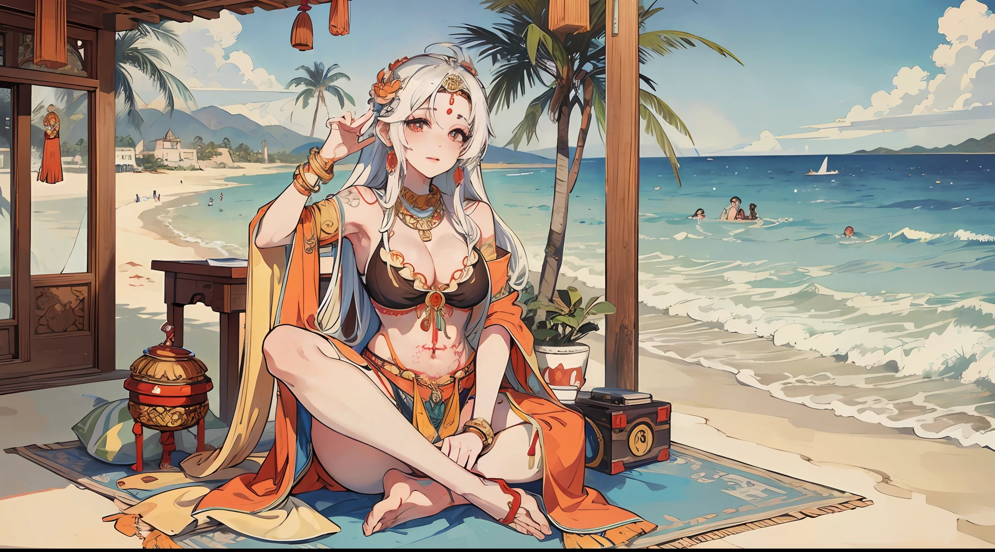 A DJ Buddha mixing music outside a Hindu temple on the beach next to a young tantric priestess in loincloth with tattoos and percings Photo Realistic --auto