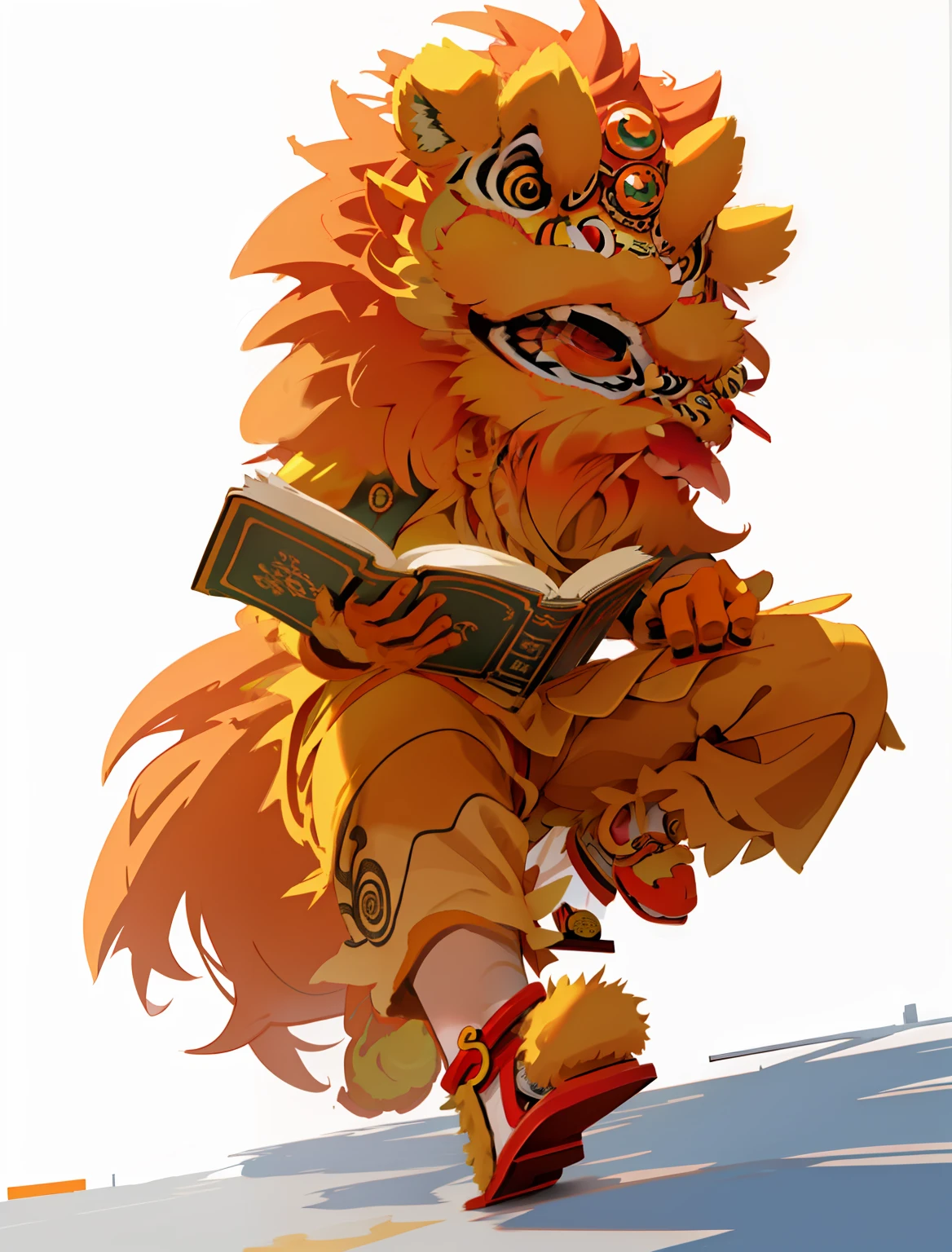 Orange lion dance,Front view,????? through,Inhuman,Book in hand,3D plane,no gradien,with a simple background,Line drawings,Simple lines,Curve smoothing