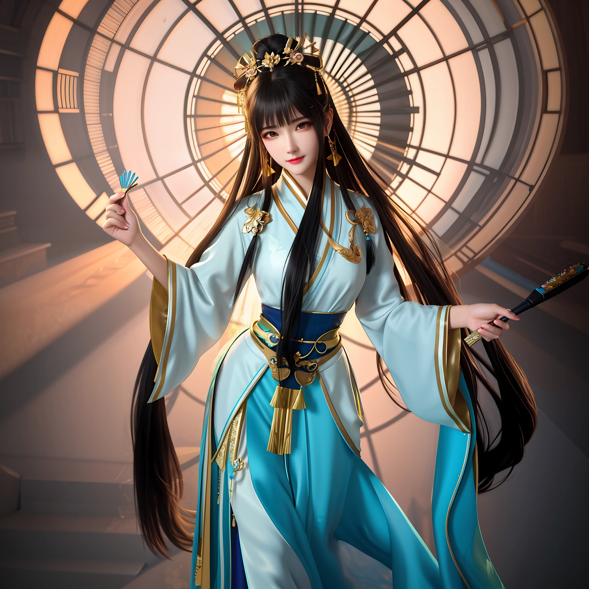 Beautiful woman in era blue dress, Holding a paper fan in his right hand, Hold the brush in your left hand, A girl in Hanfu, trending on cgstation, Inspired by Lan Ying, a beautiful fantasy empress, full-body xianxia, Inspired by Qiu Ying, inspired by Du Qiong, G Liulian art style, Inspired by Li Tang, Chinese clothing 32K Ultra HD, Light cyan and light amber, Beautiful woman in floral pattern dress, in the style of anime art, Light cyan and amber, Detailed facial features, Dream illustration style zbrush, UHD image, Feminine elegance, light gold and bronze, anime artsyle, Organic and flowing forms, Free brush strokes, illustrated, in the style of artgerm, Long-sleeve tickets, Excellent quality, Action painter, amazing moment, Vray, Unreal Engine5, cinmatic lighting, Particle, Realistic pvc textures, 32k, cinematic photogtaphy, Full body vertical painting, poster for, light smile, bead necklace, bokeh, Verism, cinematic lighting, ray tracing, reflection light, drop shadow, anatomically correct, textured skin, super detail, high details, high quality, masterpiece, retina, ccurate, award winning, best quality, highres