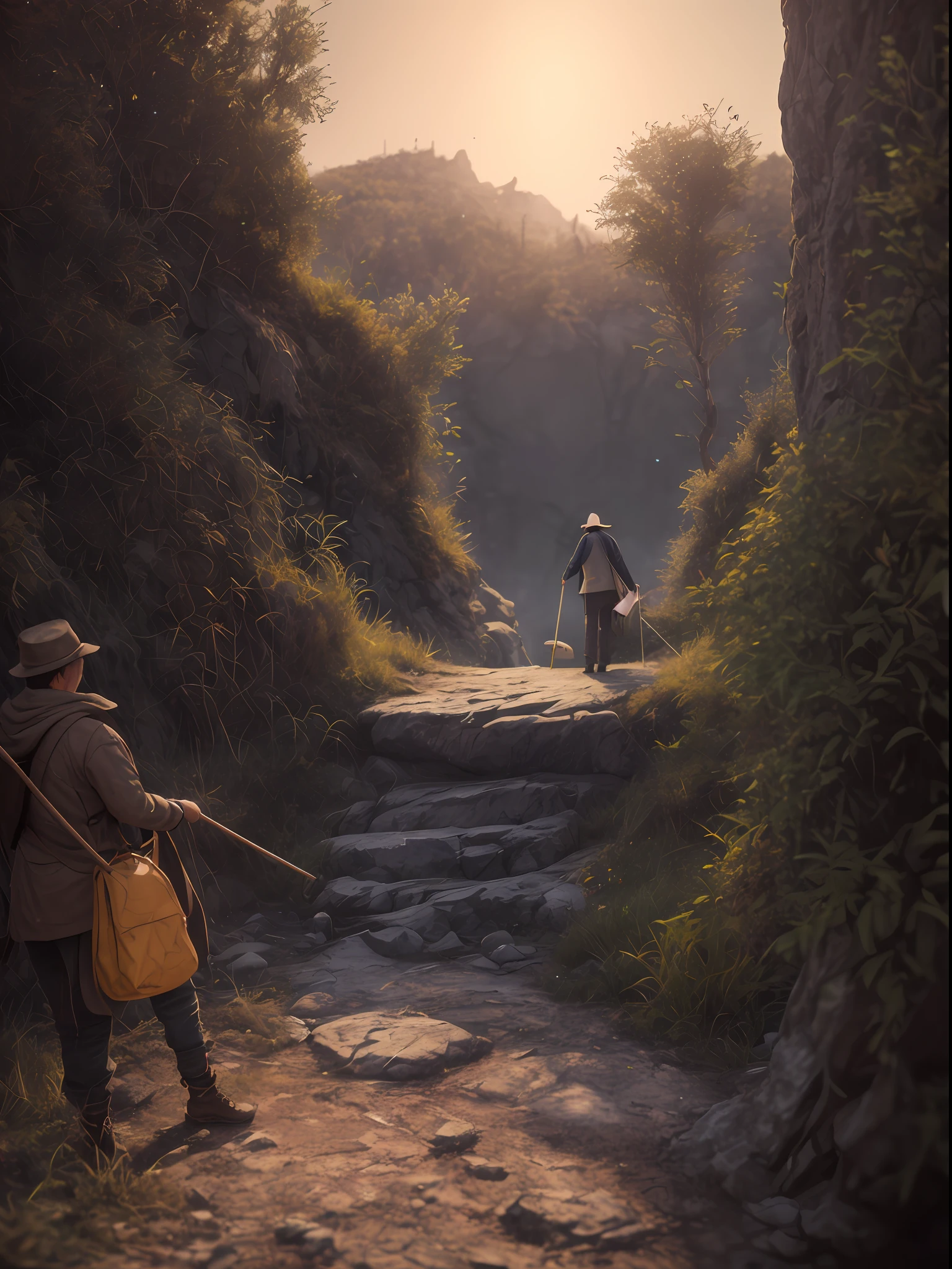 tarot card, the fool, man, bindle, stick and bag, cliff, dog, realistic,, (Extremely Detailed Oil Painting:1.2), glow effects, godrays, Hand drawn, render, 8k, octane render, cinema 4d, blender, dark, atmospheric 4k ultra detailed, cinematic sensual, Sharp focus, humorous illustration, big depth of field, Masterpiece, colors, 3d octane render, 4k, concept art, trending on artstation, hyperrealistic, Vivid colors, extremely detailed CG unity 8k wallpaper, trending on ArtStation, trending on CGSociety, Intricate, High Detail, dramatic
