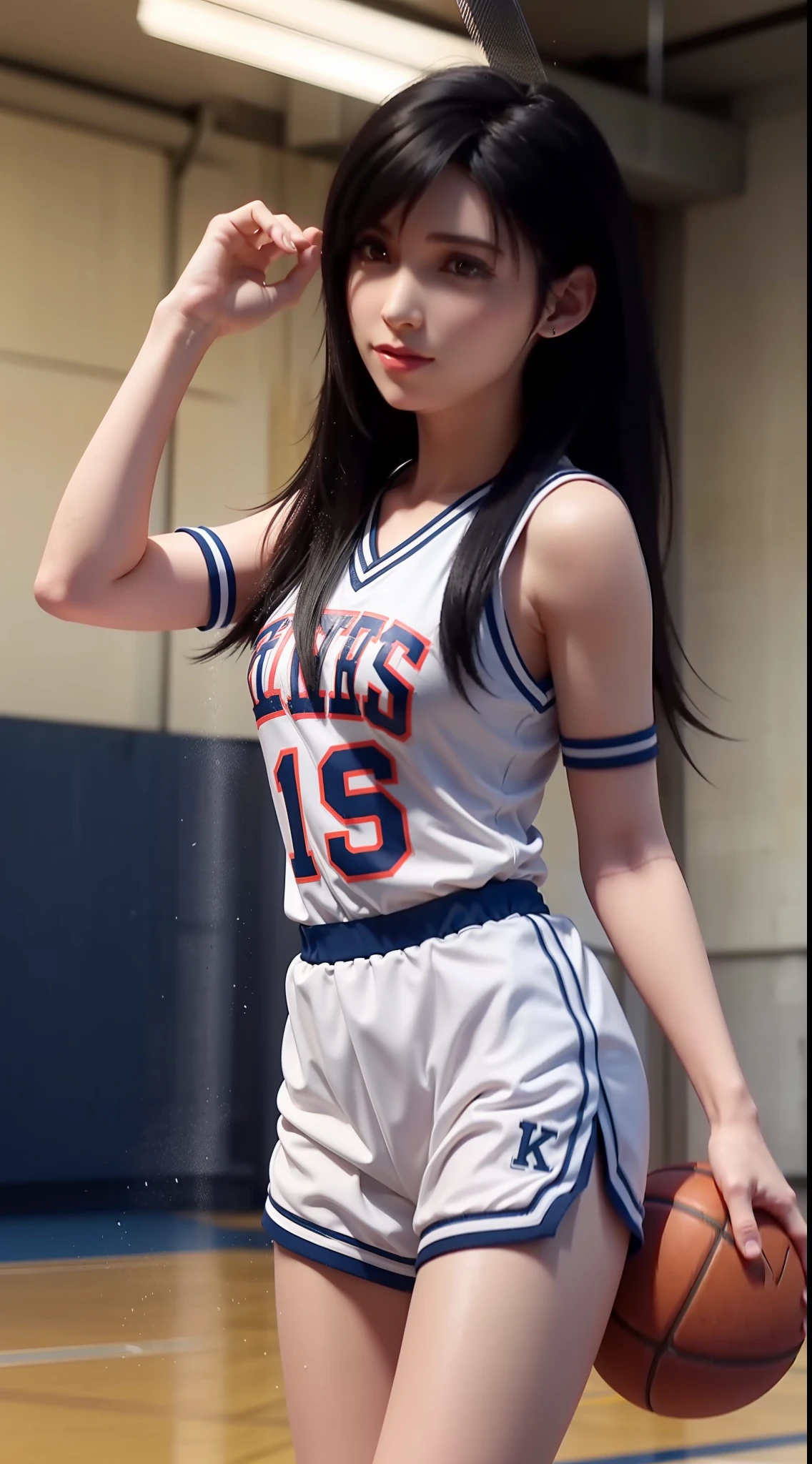 1girl,moyou，(8k, best quality, masterpiece:1.2), (realistic, photo-realistic:1.37), ultra-detailed,best quality, ultra high res, professional lighting, photon mapping, radiosity, physically-based rendering, cinematic lighting, basketball court,depth of field, sharp focus,sunbeam, good composition,(bokeh:1.2) 1girl,solo,(full body), (closed mouth),beautiful detailed eyes, pose, narrow waist,basketball uniform, black hair,messy hair,long hair floating in wind,(ulzzang-6500:1.2) mix4, hiqcgbody