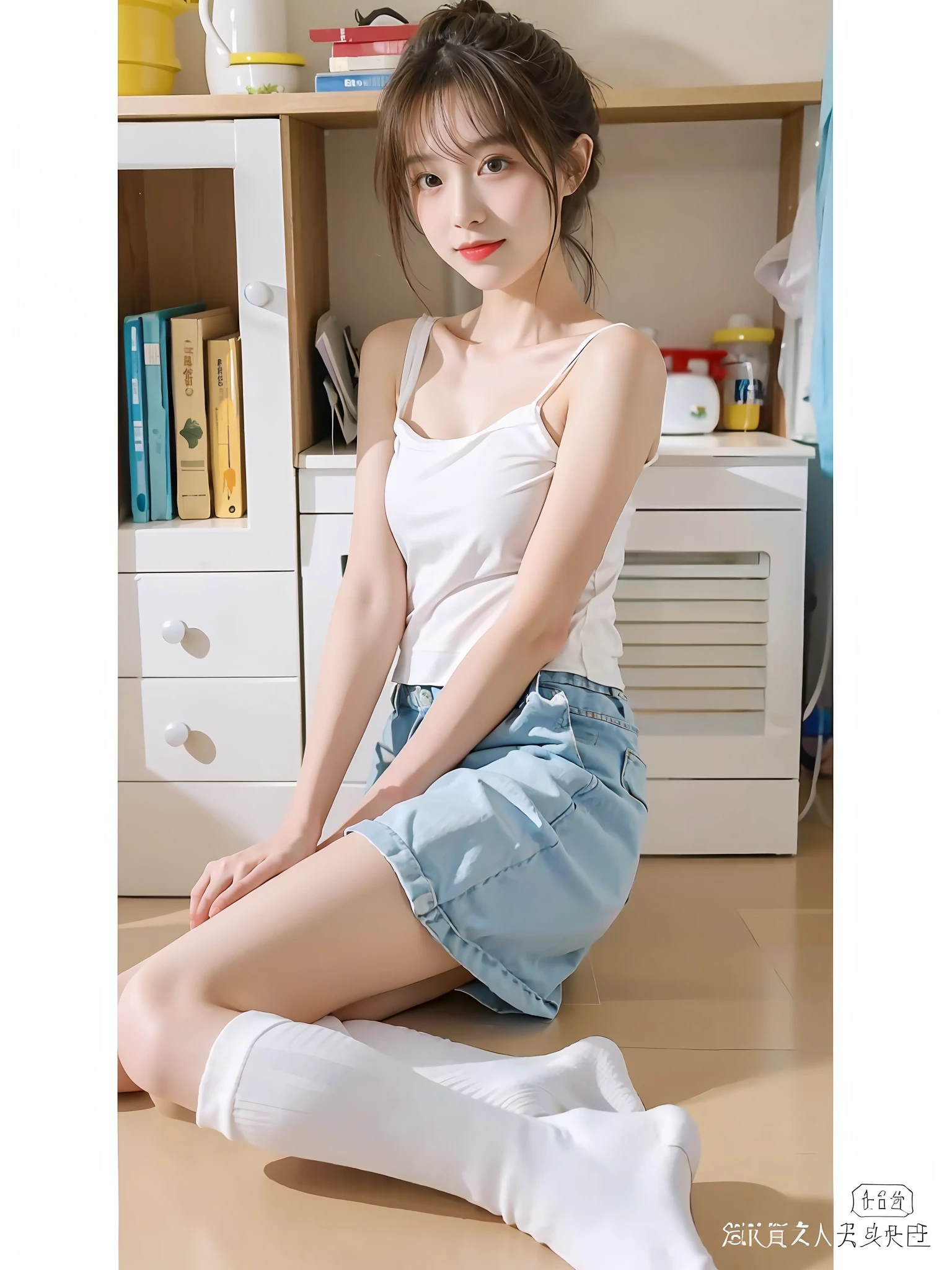 white short socks,without wearing shoes,best qualtiy,tmasterpiece,超高分辨率,(realisticlying:1.4),1girll,looks into camera,Thin and light,slenderness