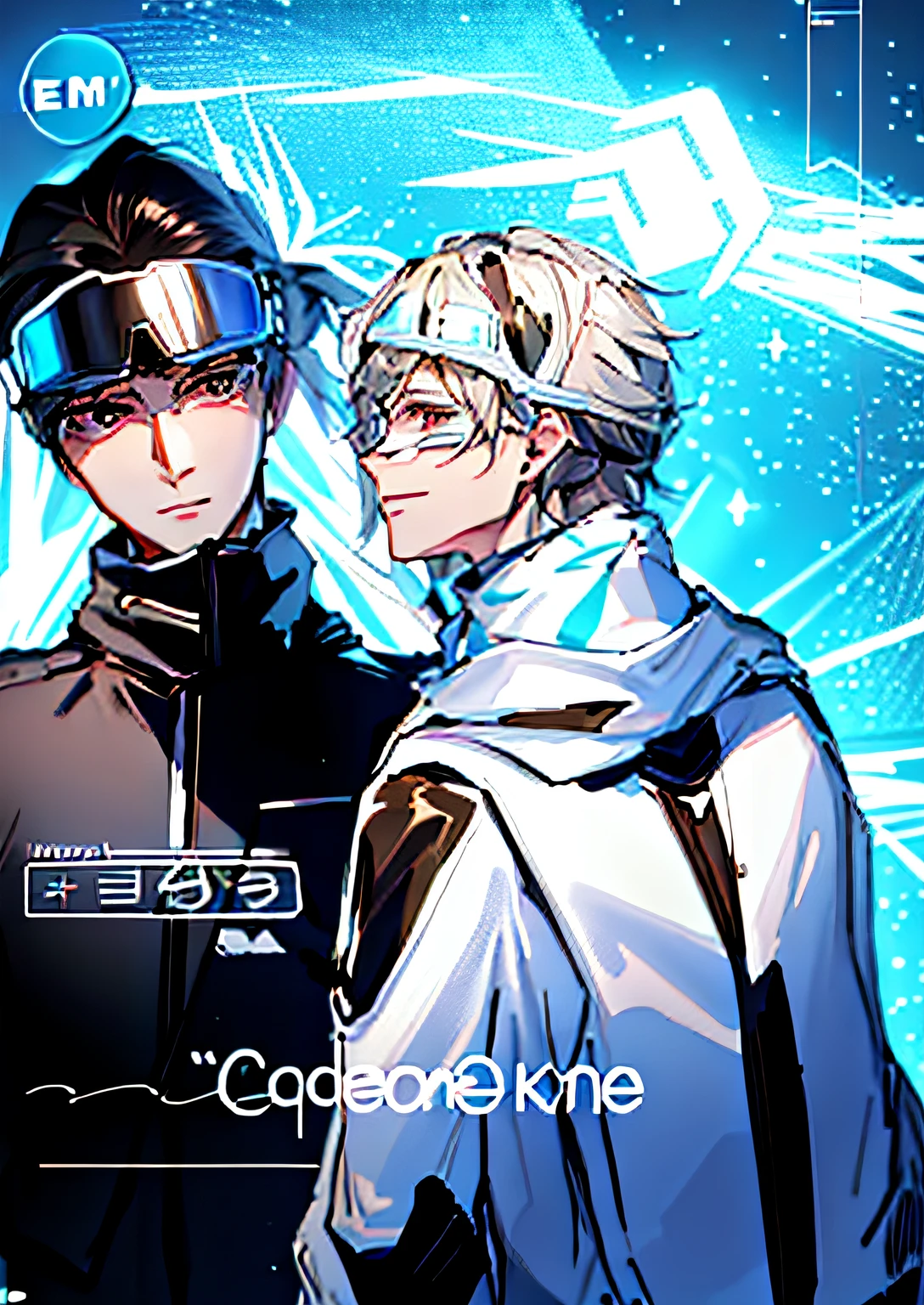 Double male at the ski slopes,Blue sky, white clouds, snow cable car with snowflakes in the background。The tall man has black hair and blue eyes on the front, black ski clothes with goggles on his head, squints at the low man, and purses his mouth with a shy expression,Low male with brown hair on the side, brown eyes, white ski suit, and goggles, cheerful expression,Reach out to remove the tall man's goggles。Two backlit,The overall color tone is blue and yellow,The details are complex, emphasizing the division between light and shadow,Strong sense of atmosphere。