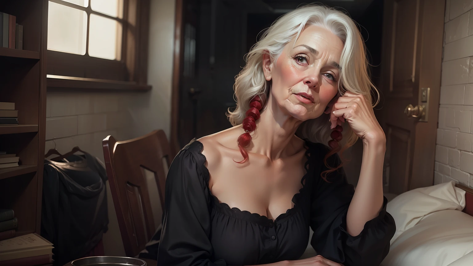 Natural older women, realistic,red dress