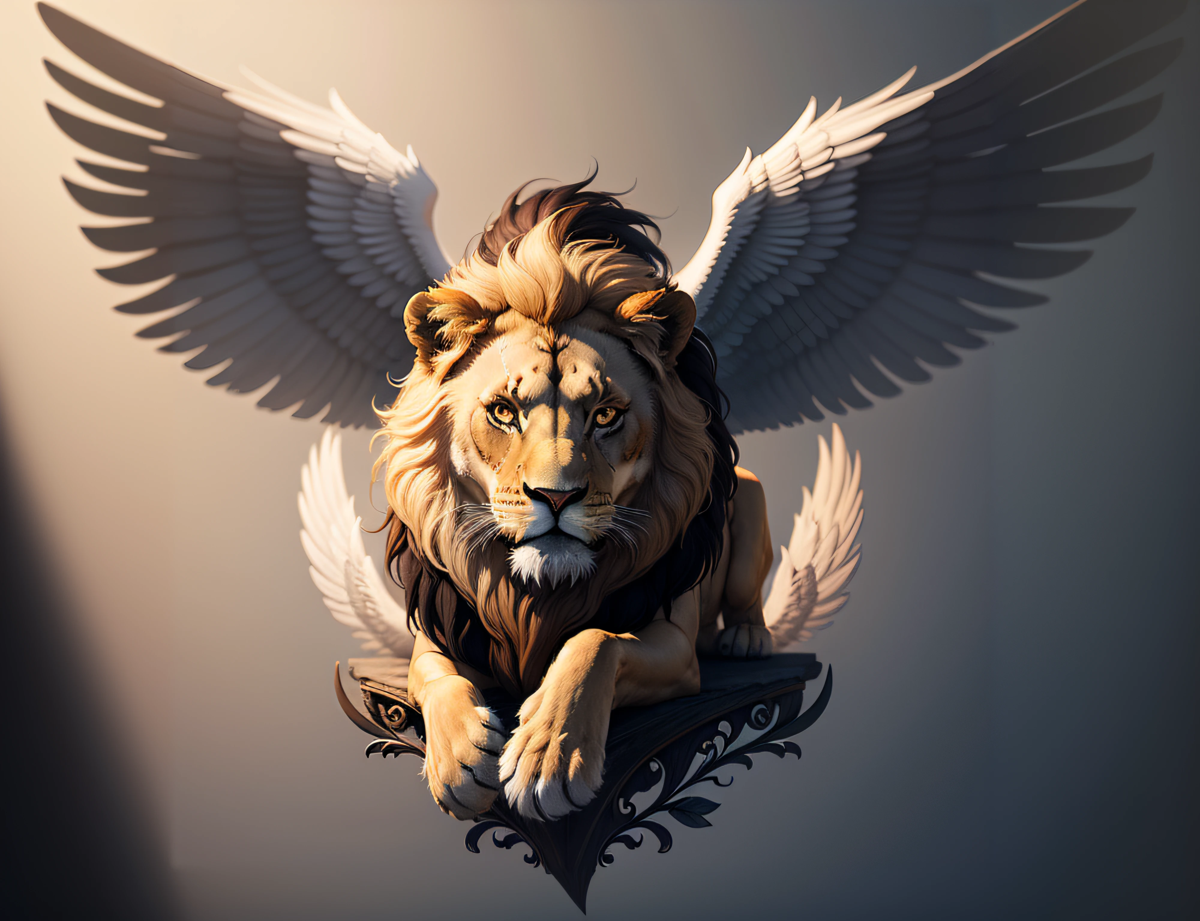 wings are spread over a lion with a black mane, Asas majestosas, empoleirado no intrincado trono, black lion with peacock wings, com asas grandes, Lion, com asas. ultra-detalhado, alado, Directed by: Galen Dara, 2 d full body lion, Directed by: Adam Marczyński, realistic illustration, O melhor no Adobe Stock