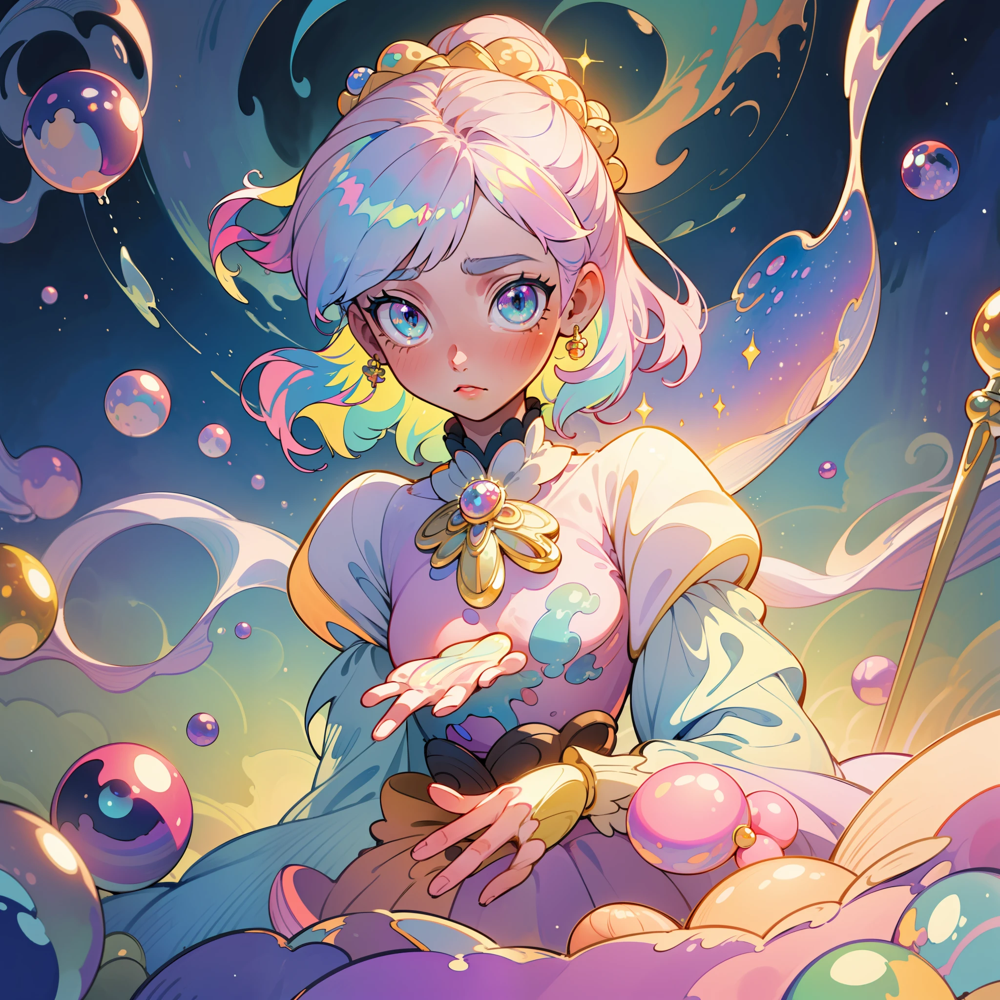 masterpiece, best quality, 8k resolution, sharp focus, intricate detail, beautiful girl, sparkling eyes, golden ratio face, otherworldly liquid, watercolor, pastel colors, bright colors, whimsical, colorful, sharp focus, high resolution, fine detail, princess layered ballgown, ((round eyes)), iridescent bubbles, castle landscape in background