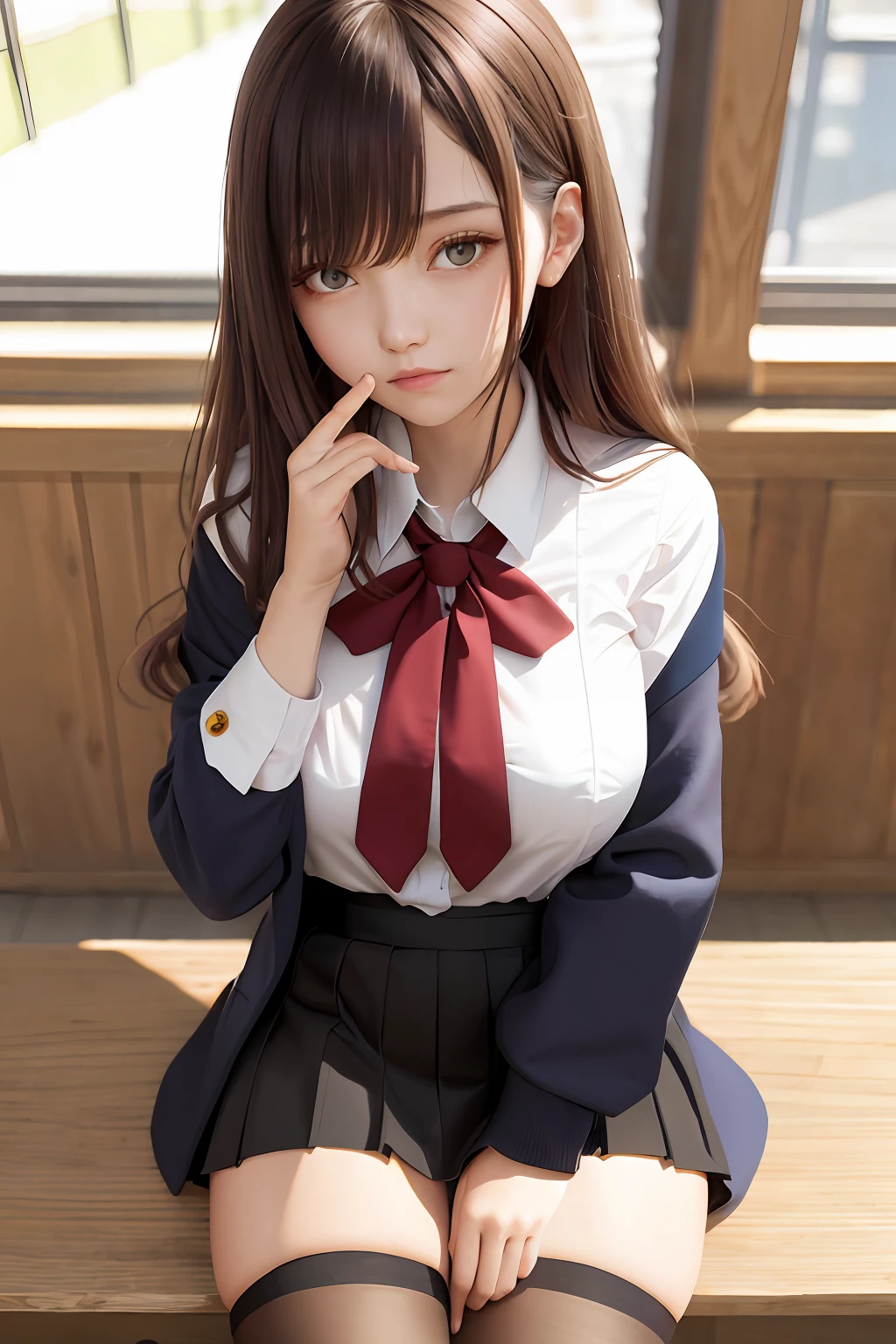 tmasterpiece，best qualtiy，ultra - detailed，illustratio，Colorful，Falt color，depth of fields，lens flare glow，1girll，anime big breast，sitted，brunette color hair，looking at viewert，schools，‎Classroom，Pleated miniskirt，校服，serafuku，black pantyhoses，Detailed skin texture，Fine cloth texture，Nice and delicate face，realisticlying，M-shaped legs，s girl，is shy