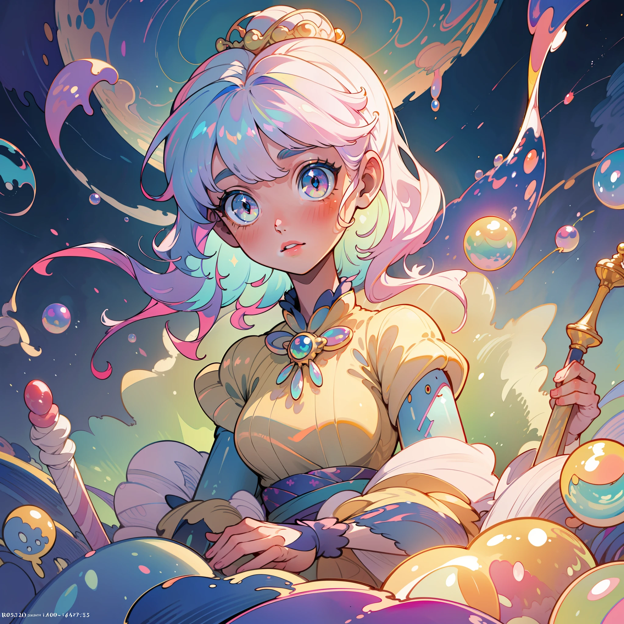 masterpiece, best quality, 8k resolution, sharp focus, intricate detail, beautiful girl, sparkling eyes, golden ratio face, otherworldly liquid, watercolor, pastel colors, bright colors, whimsical, colorful, sharp focus, high resolution, fine detail, princess layered ballgown, ((round eyes)), iridescent bubbles, castle landscape in background