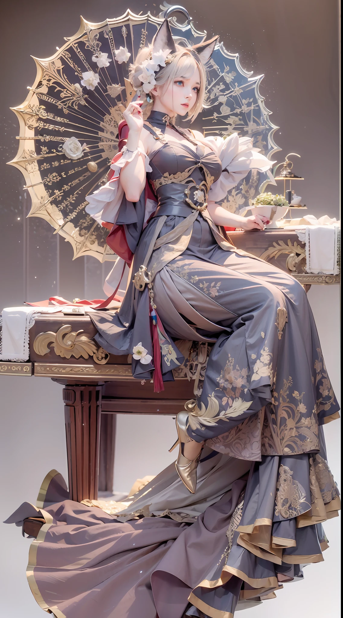 high qulity,Optimal image quality,Optimal detail,8k,full body,1girl, official, green eyes,folding fan,Bell,tail