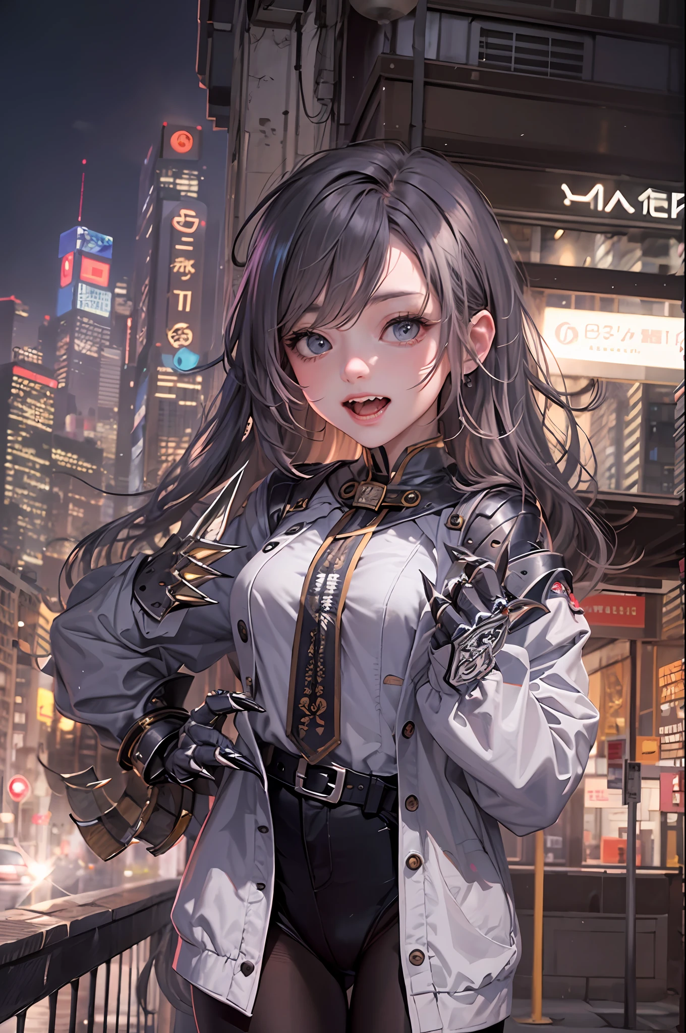 a cute girl, city, building, cityscape, skyscraper, teeth, sharp_teeth, claws, kaijuu, city_lights, house,（Natural skin texture,ultra-realistic realism,the soft light,Sharp），masterpiece, best quality, ultra-detailed, best shadow