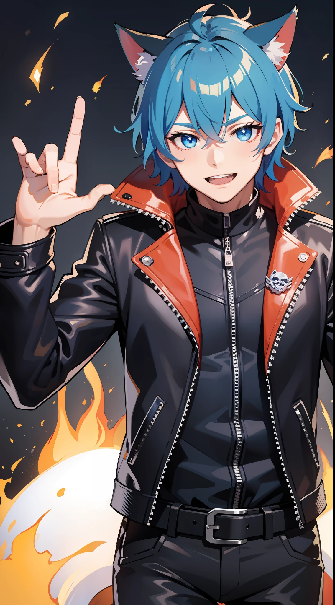 Tall guy, Short blue hair, blue eyes, cat ears, black leather jacket, pants, Smile, fire, Ghost Rider, Masterpiece, hiquality