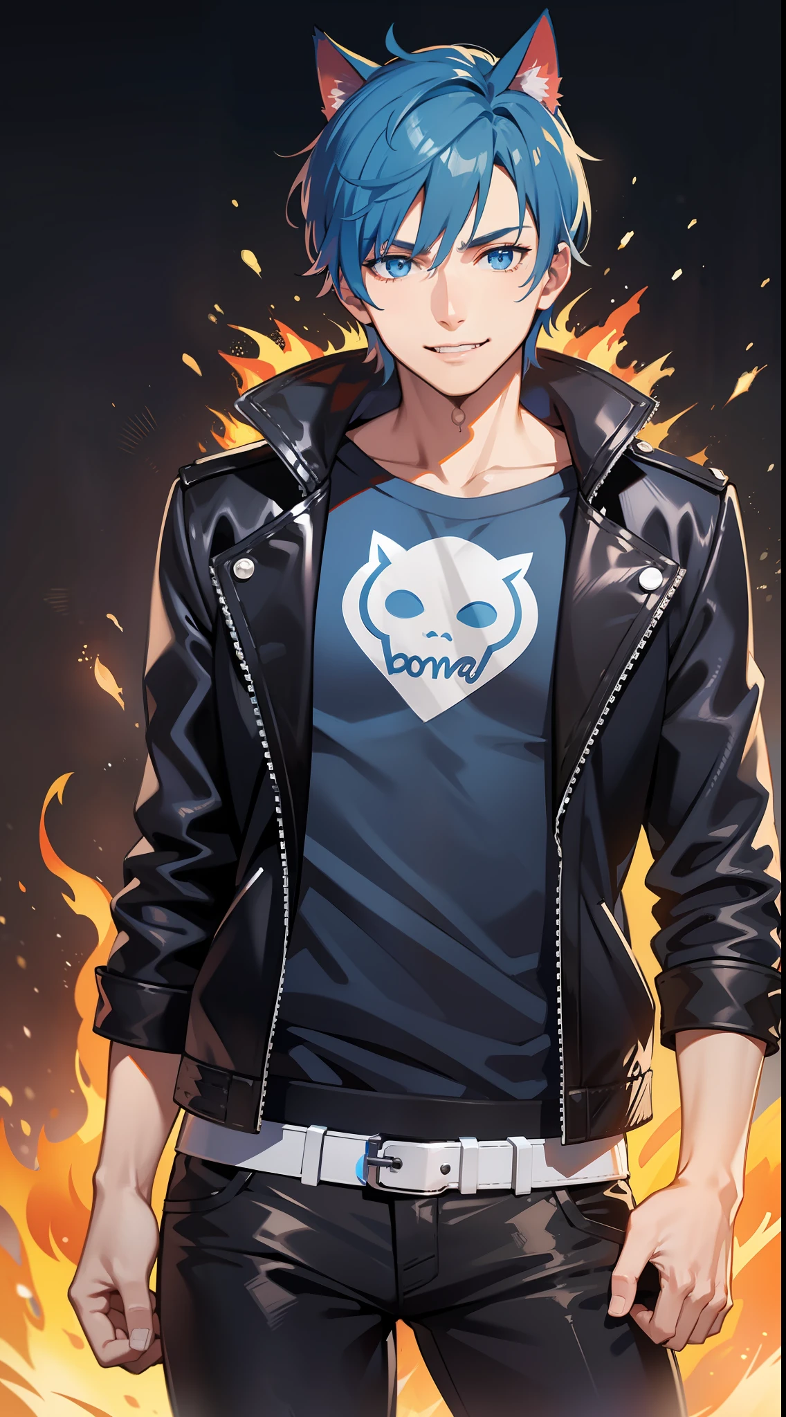 Tall guy, Short blue hair, blue eyes, cat ears, black leather jacket, pants, Smile, fire, Ghost Rider, Masterpiece, hiquality