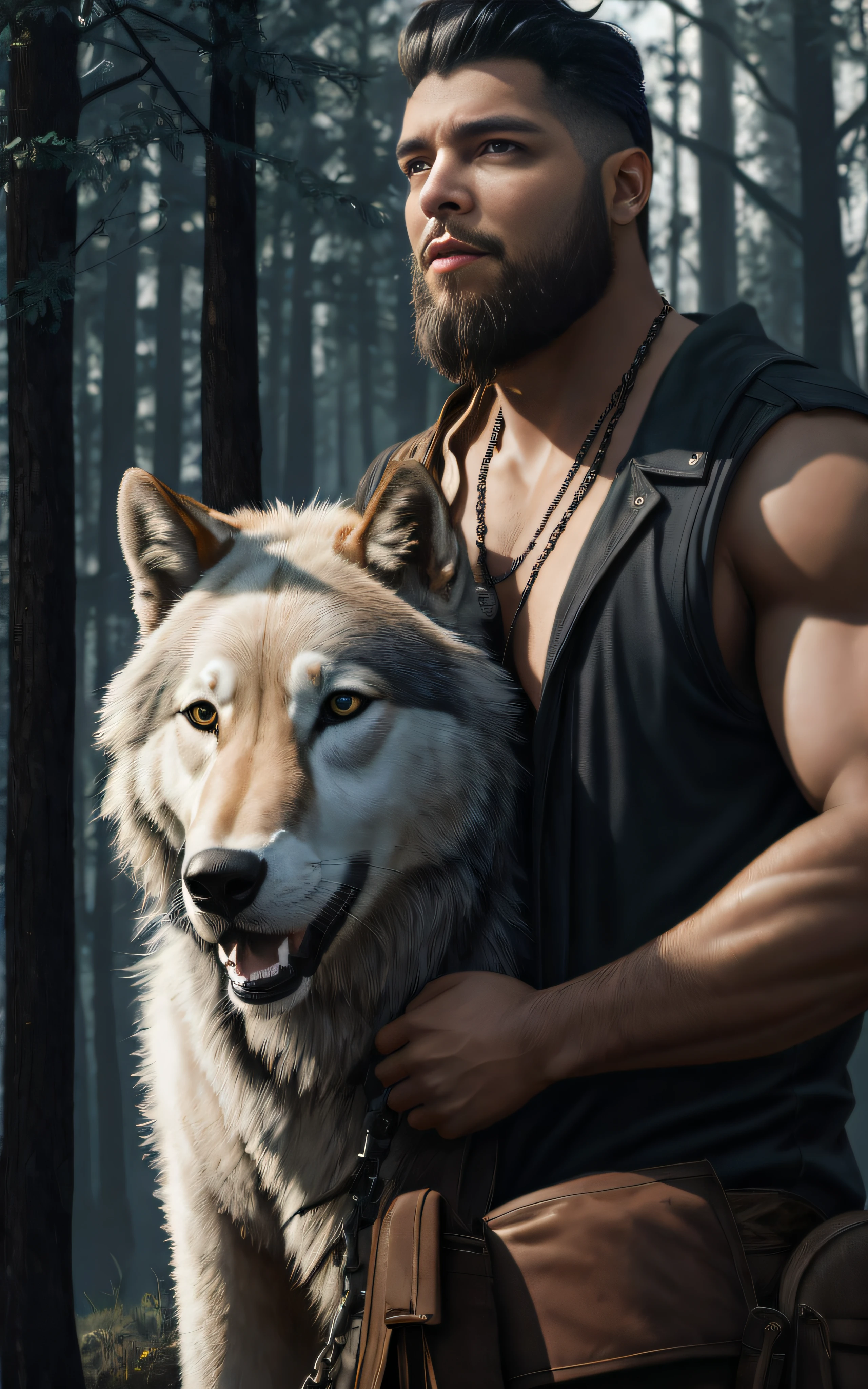 There's a man with a beard and shirt without a beard holding a wolf, companheiro lobo, retrato do lobo da fantasia, inspirado em Wolf Huber, Meio homem Meio Lobo, Lobos e seus tesouros, anthropomorphic wolf male, dramatic cinematic detailed fur, lobisomem musculoso, Lobo Peludo, lobo como um humano, Tuomas Korpi e Wlop, um lobo antro