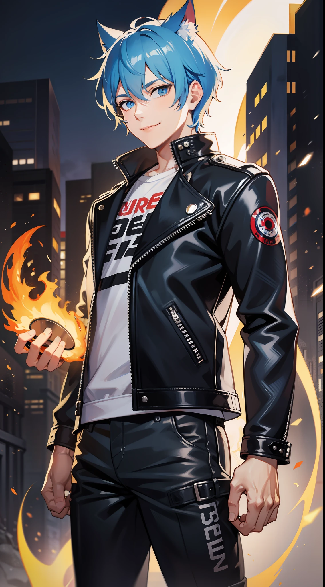 Tall guy, Short blue hair, blue eyes, cat ears, black leather jacket, pants, Smile, fire, Ghost Rider, Masterpiece, hiquality