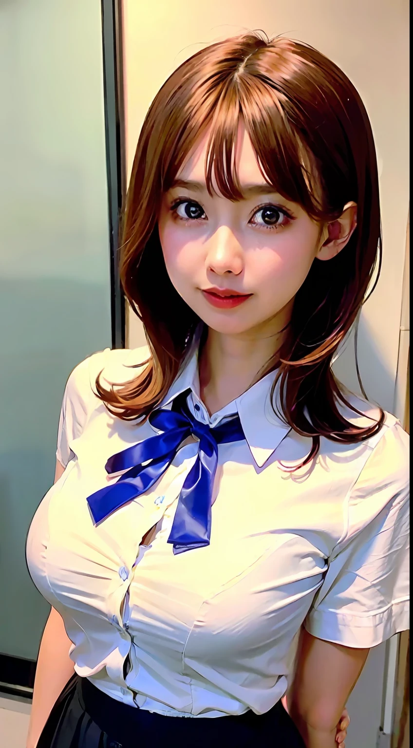 ulzzang -6500-v1.1, (Raw foto:1.2), (Photorealsitic:1.4), a beautiful detailed girl, extremely detailed eye and face, beatiful detailed eyes, hight resolution, ighly detailed, top-quality, [​masterpiece:1.6], [JK school uniform:1.9], illustratio, finely detail,Cinematographic lighting, 1girl in、17 age、(Cute Japan high school girl:1.5)、perfect body type、[Unbuttoning a white school blouse、Blouse with open buttons、no brassiere:1.4]、[ultra gigantic tits:1.6]、White School Blouse、short cut hair、Sweating and getting wet、[sexual excitement:1.4]、(on the beds、laying on back)、Raise both hands、(Uniform Ribbon Tie)