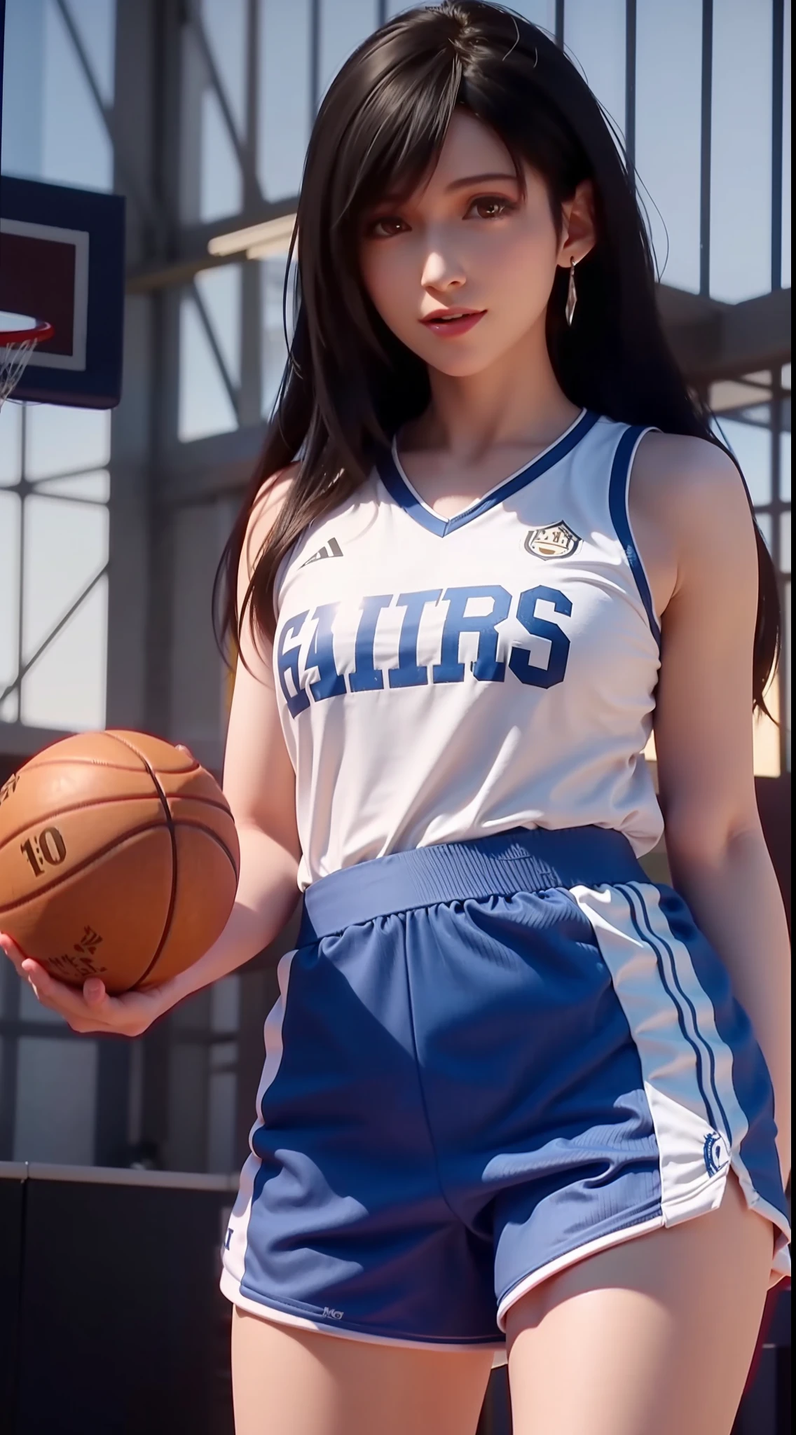 1girl,moyou，(8k, best quality, masterpiece:1.2), (realistic, photo-realistic:1.37), ultra-detailed,best quality, ultra high res, professional lighting, photon mapping, radiosity, physically-based rendering, cinematic lighting, basketball court,depth of field, sharp focus,sunbeam, good composition,(bokeh:1.2) 1girl,solo,(full body), (closed mouth),beautiful detailed eyes, pose, narrow waist,basketball uniform, black hair,messy hair,long hair floating in wind,(ulzzang-6500:1.2) mix4, hiqcgbody