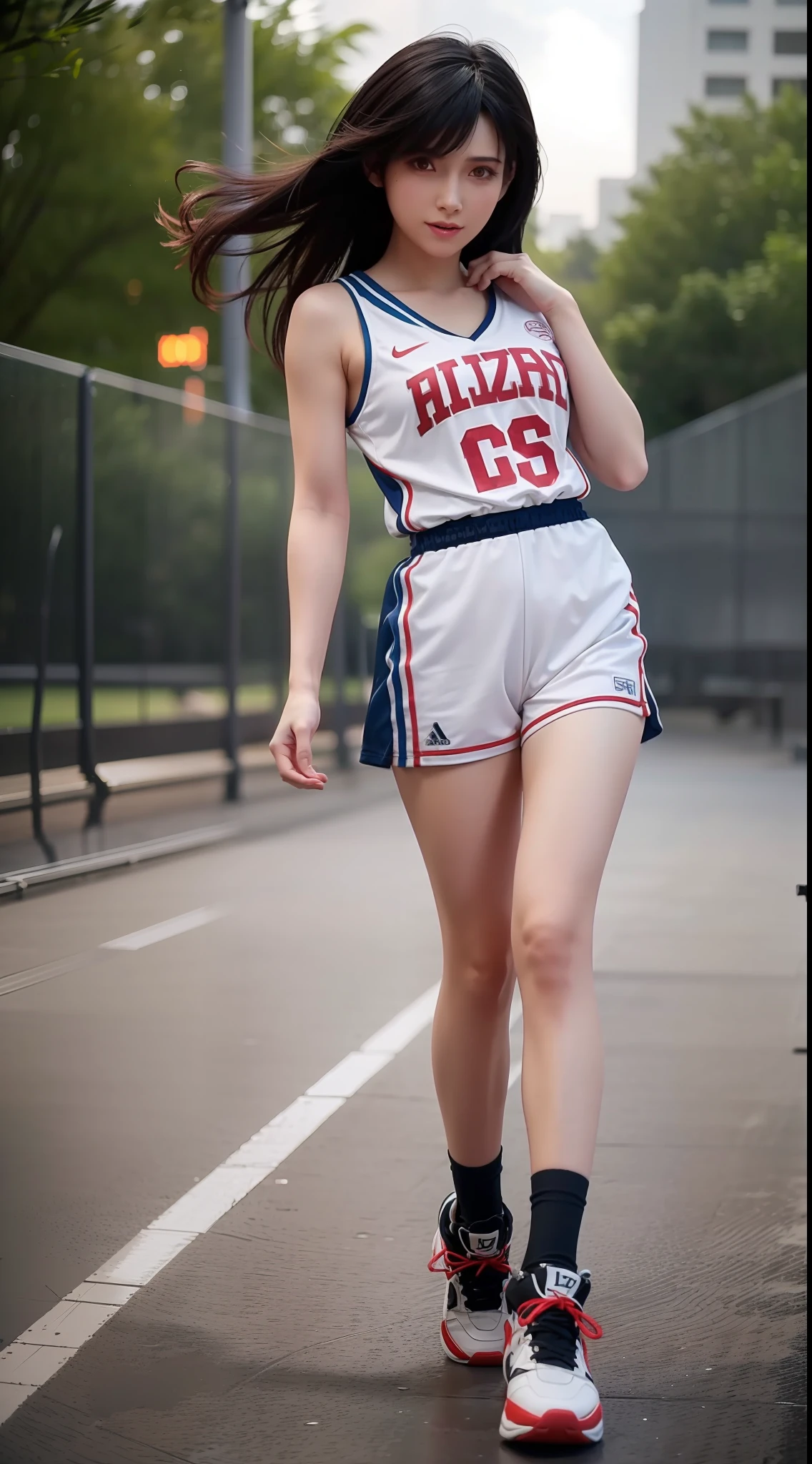 1girl,moyou，(8k, best quality, masterpiece:1.2), (realistic, photo-realistic:1.37), ultra-detailed,best quality, ultra high res, professional lighting, photon mapping, radiosity, physically-based rendering, cinematic lighting, basketball court,depth of field, sharp focus,sunbeam, good composition,(bokeh:1.2) 1girl,solo,(full body), (closed mouth),beautiful detailed eyes, pose, narrow waist,basketball uniform, black hair,messy hair,long hair floating in wind,(ulzzang-6500:1.2) mix4, hiqcgbody