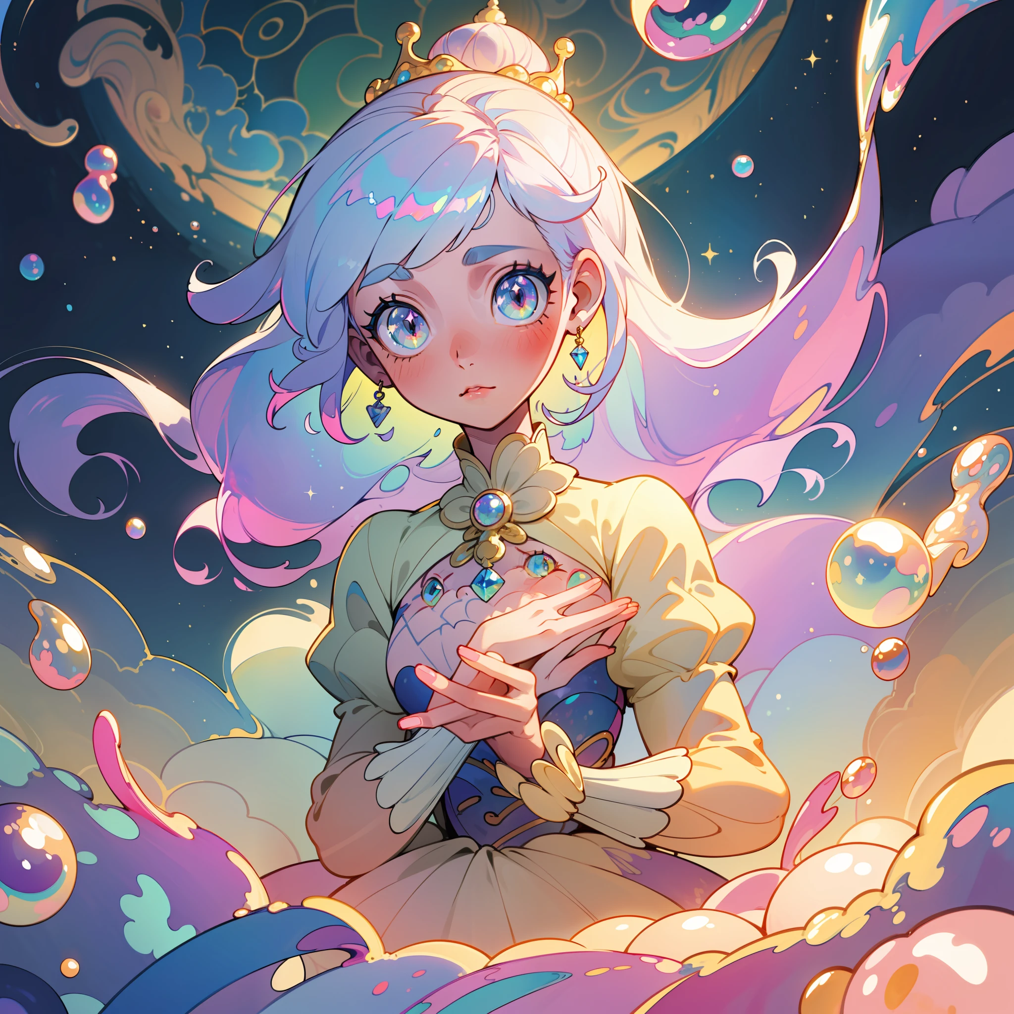 masterpiece, best quality, 8k resolution, sharp focus, intricate detail, beautiful girl, sparkling eyes, golden ratio face, otherworldly liquid, watercolor, pastel colors, bright colors, whimsical, colorful, sharp focus, high resolution, fine detail, princess layered ballgown, ((round eyes)), iridescent bubbles, castle landscape in background