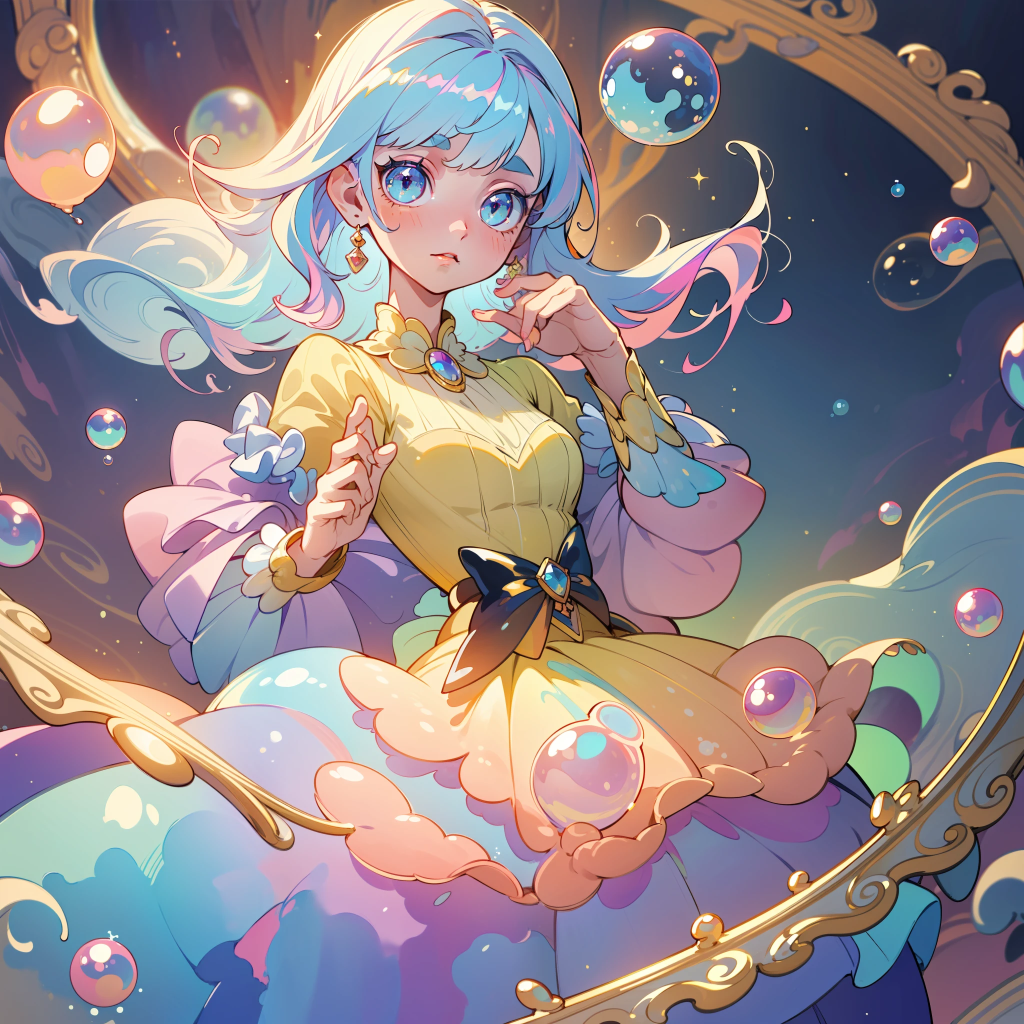 masterpiece, best quality, 8k resolution, sharp focus, intricate detail, beautiful girl, sparkling eyes, golden ratio face, otherworldly liquid, watercolor, pastel colors, bright colors, whimsical, colorful, sharp focus, high resolution, fine detail, princess layered ballgown, ((round eyes)), iridescent bubbles, magical