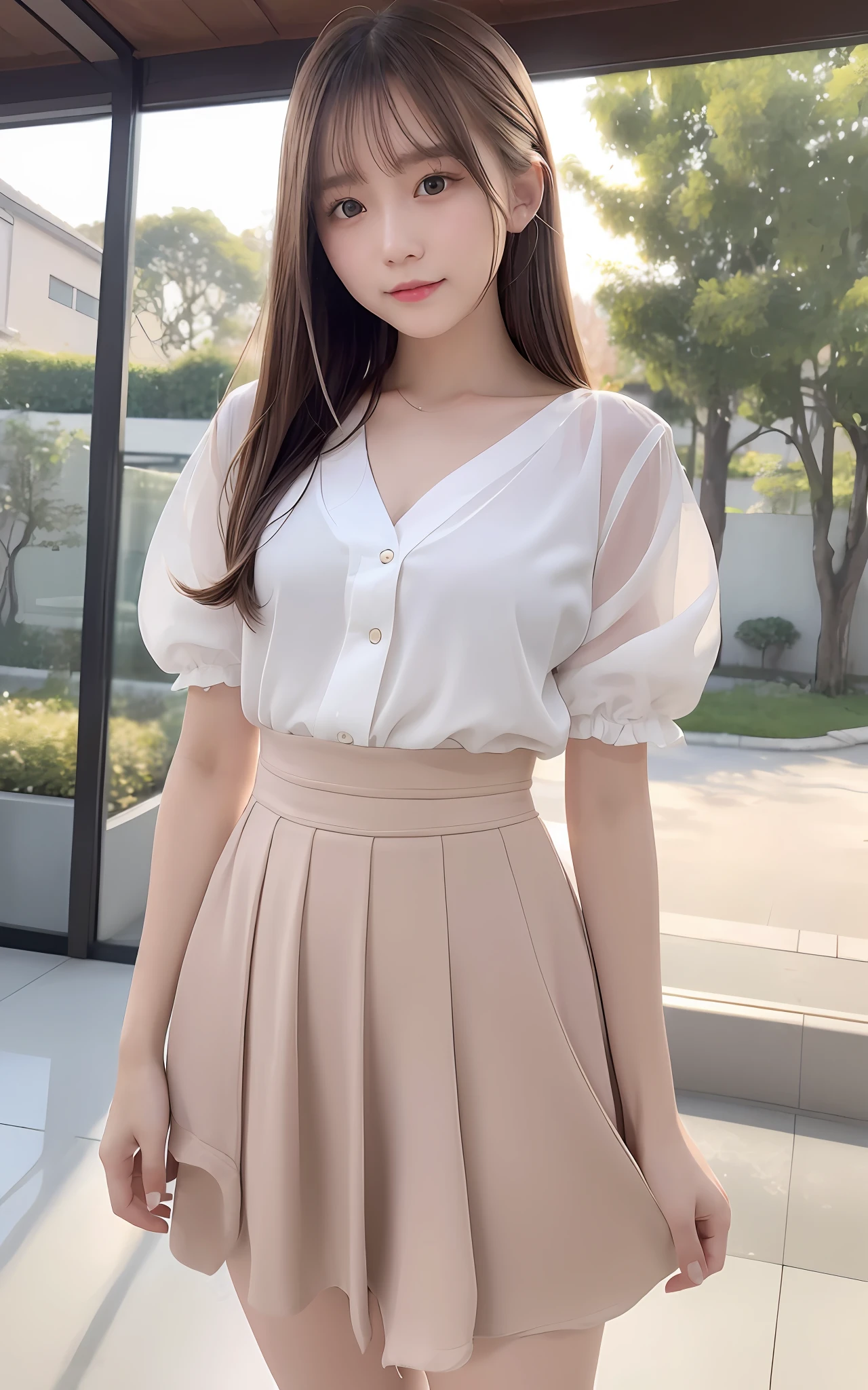 masterpiece、top-quality、Official art、Highly detailed CG Unity 8K wallpapers、Like a schoolgirl、a very delicate and beautiful、超A high resolution、(Photorealsitic:1.4)、Golden Hour Lighting、(The upper part of the body)、(Platinum Shorthair:0.8)、(Puffy eyes)、looking at the viewers、facing the front there、Laughing、JK Skirt、robe blanche、skirt rift、Only clothes are wet、bangss、Silky brown hair、Detailed hair strands、Pull the skirt up to waist level to show your panties、