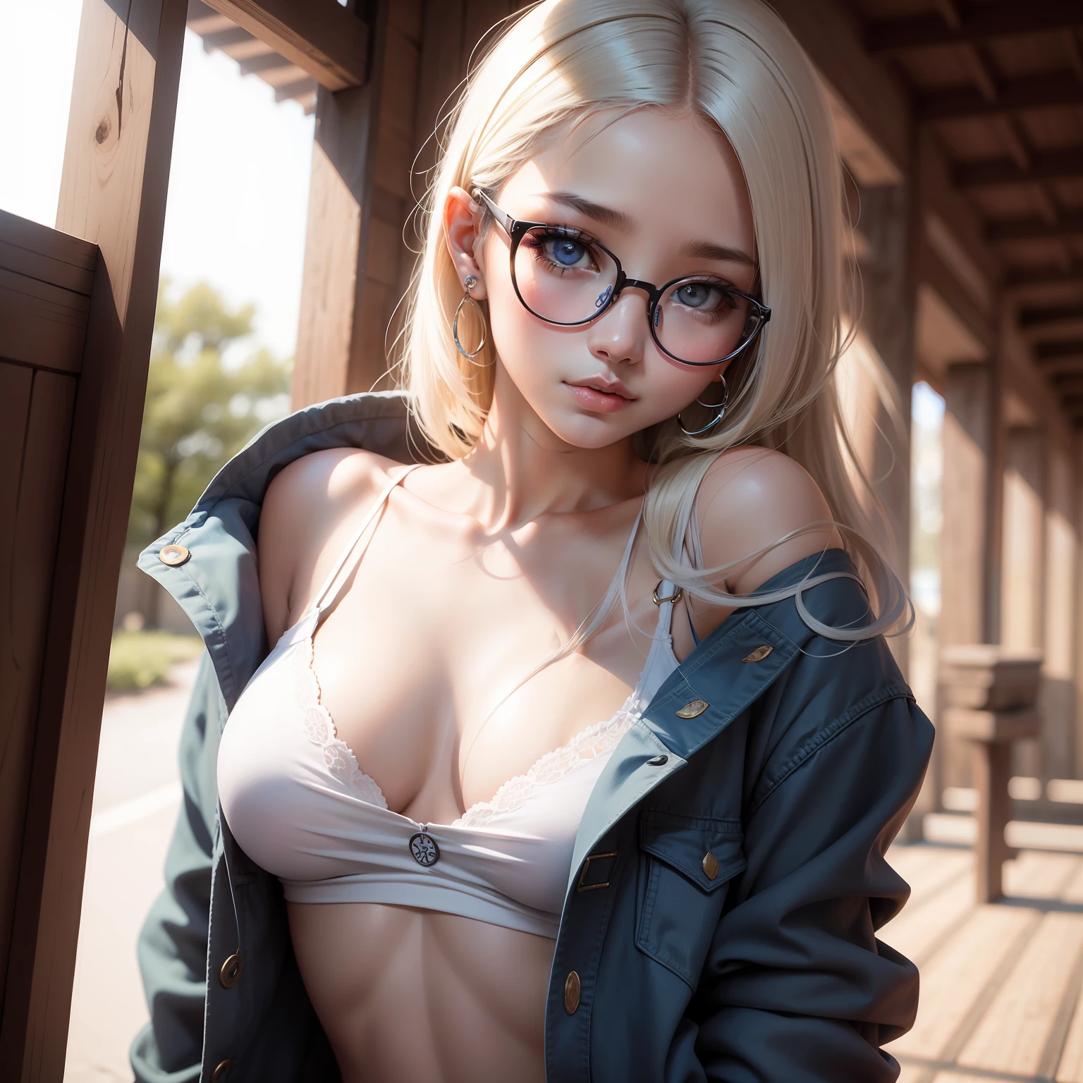 Criar uma garota japonesa,  de idade, cabelos de cor azul, Round Eyewear, rosto realista, piercing no nariz, piercing on the lower lip, roupas pretas de couro, fundo branco.