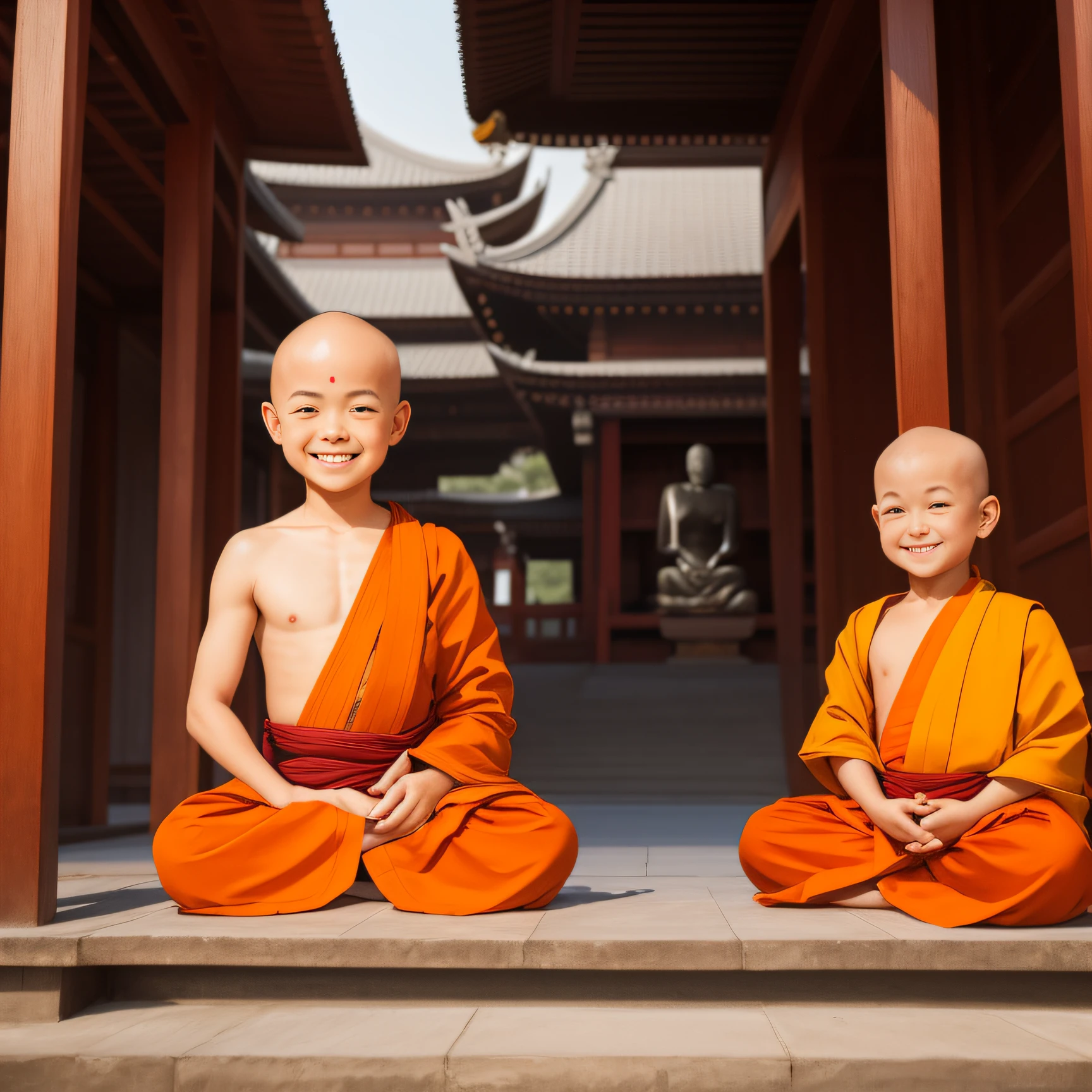With a smile,Eyebrow beauty,Little monk without hair,Buddha sitting in front of the temple knocks on wooden fish
