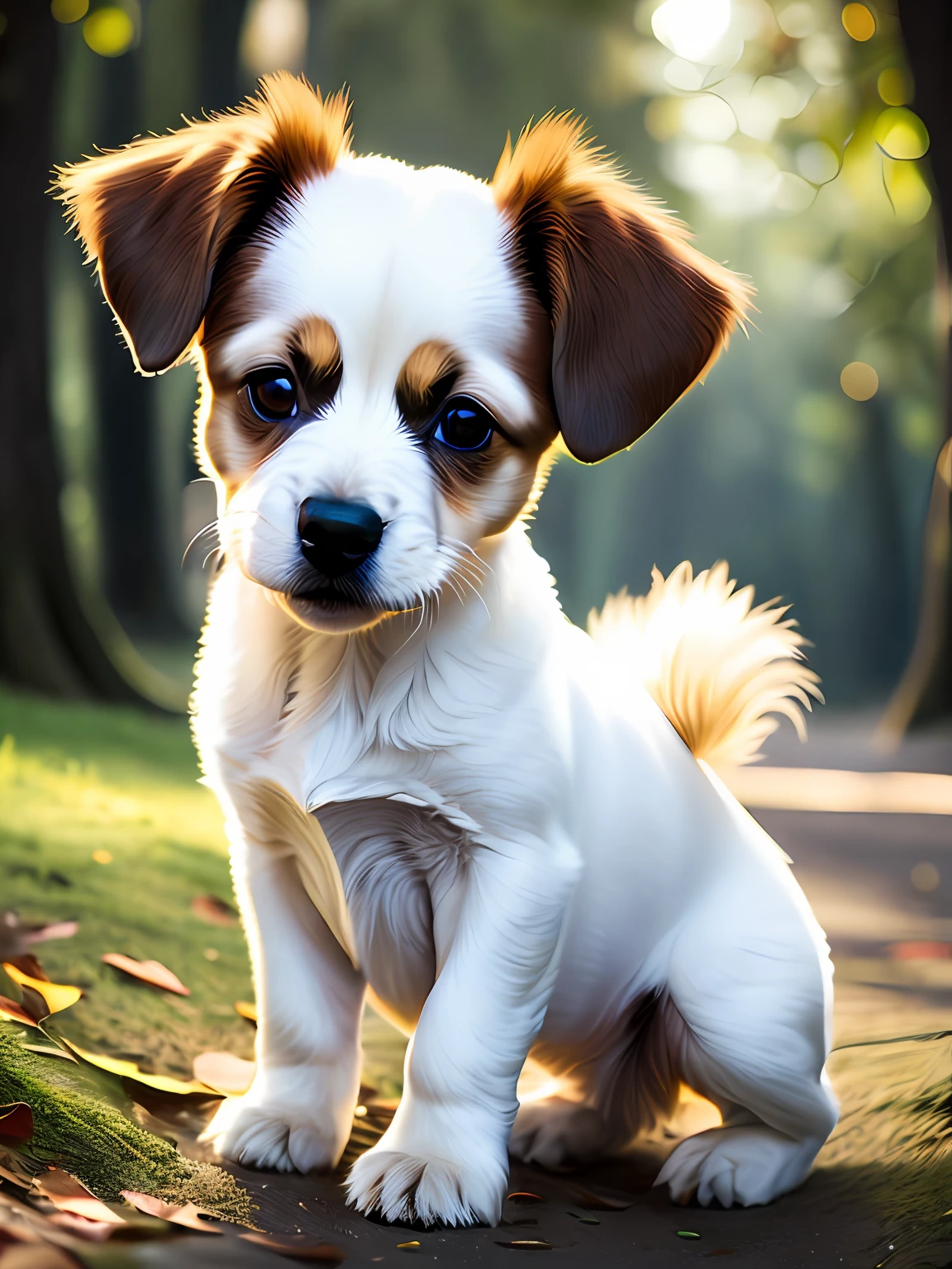 foto em close de um cachorrinho pulando muito fofo na floresta,fofo em 3D, branco com manchas marrons, coleira vermelha, correndo no parque, indo em direcao a criancas brincando, Sony A7 70mm camera lens with color grading, Pixar, estilo Disney, soft volumetric lights (retroiluminação: 1.3), (kinematics: 1.2), detalhes intrincados (ArtStation: 1.3), Rutkowski