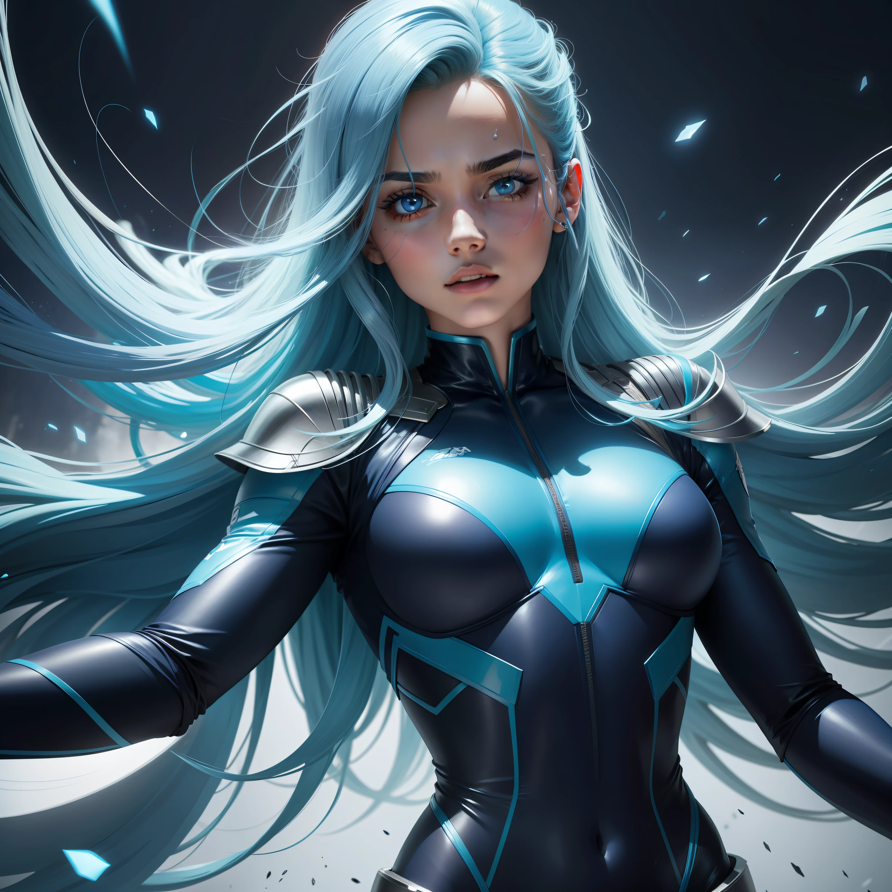 uniforme do X men , bem colado no corpo cabelos azul cacheados , com olhos azul claro , dominando a agua