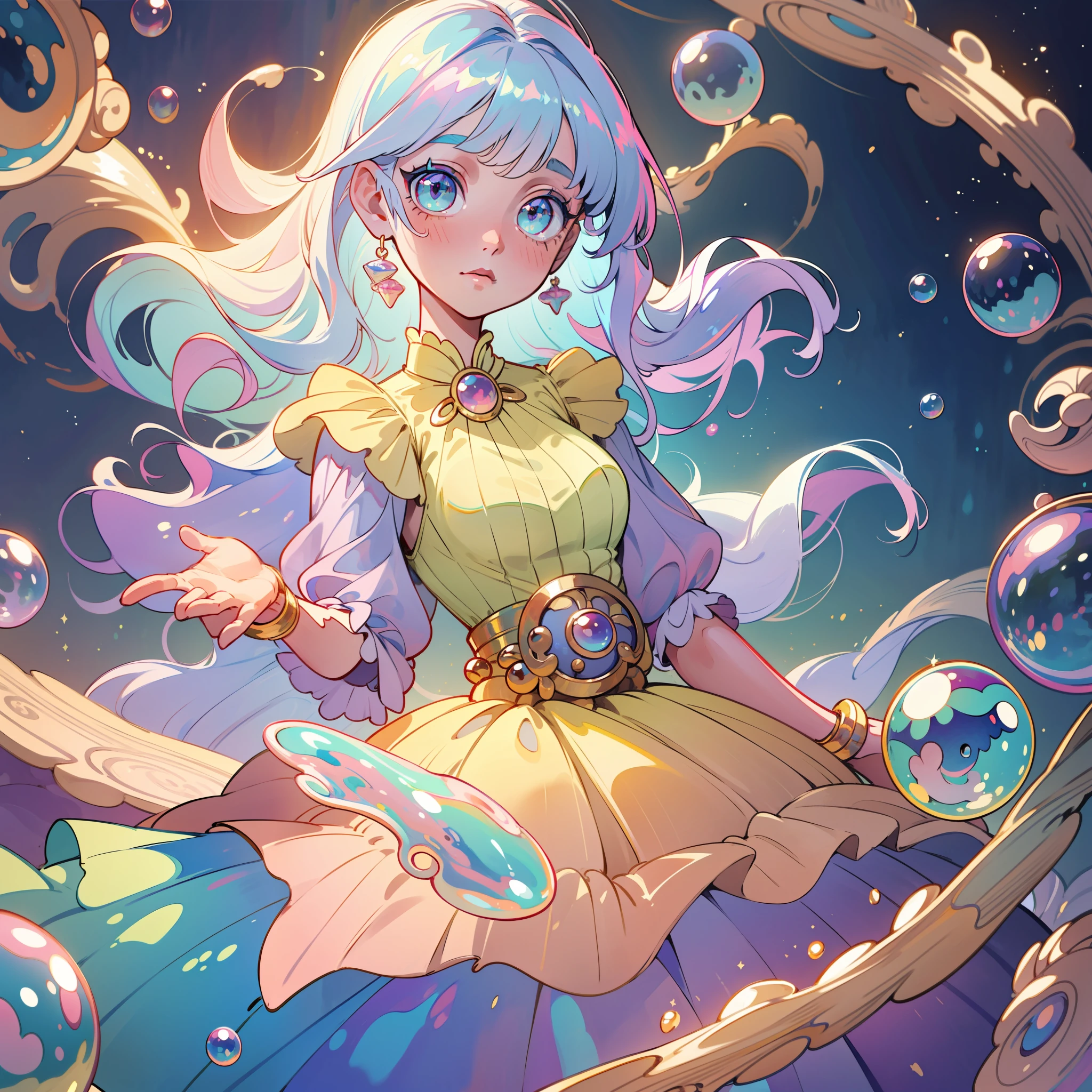 masterpiece, best quality, 8k resolution, sharp focus, intricate detail, beautiful girl, sparkling eyes, golden ratio face, otherworldly liquid, watercolor, pastel colors, bright colors, whimsical, colorful, sharp focus, high resolution, fine detail, princess layered ballgown, ((round eyes)), iridescent bubbles, magical