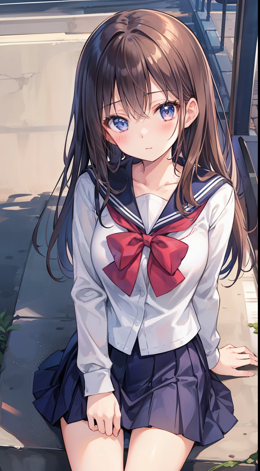 top-quality、masterpiece、1girl in、kawaii、hi-school girl、a miniskirt、Sit with your knees、Kamimei、Staring at me、