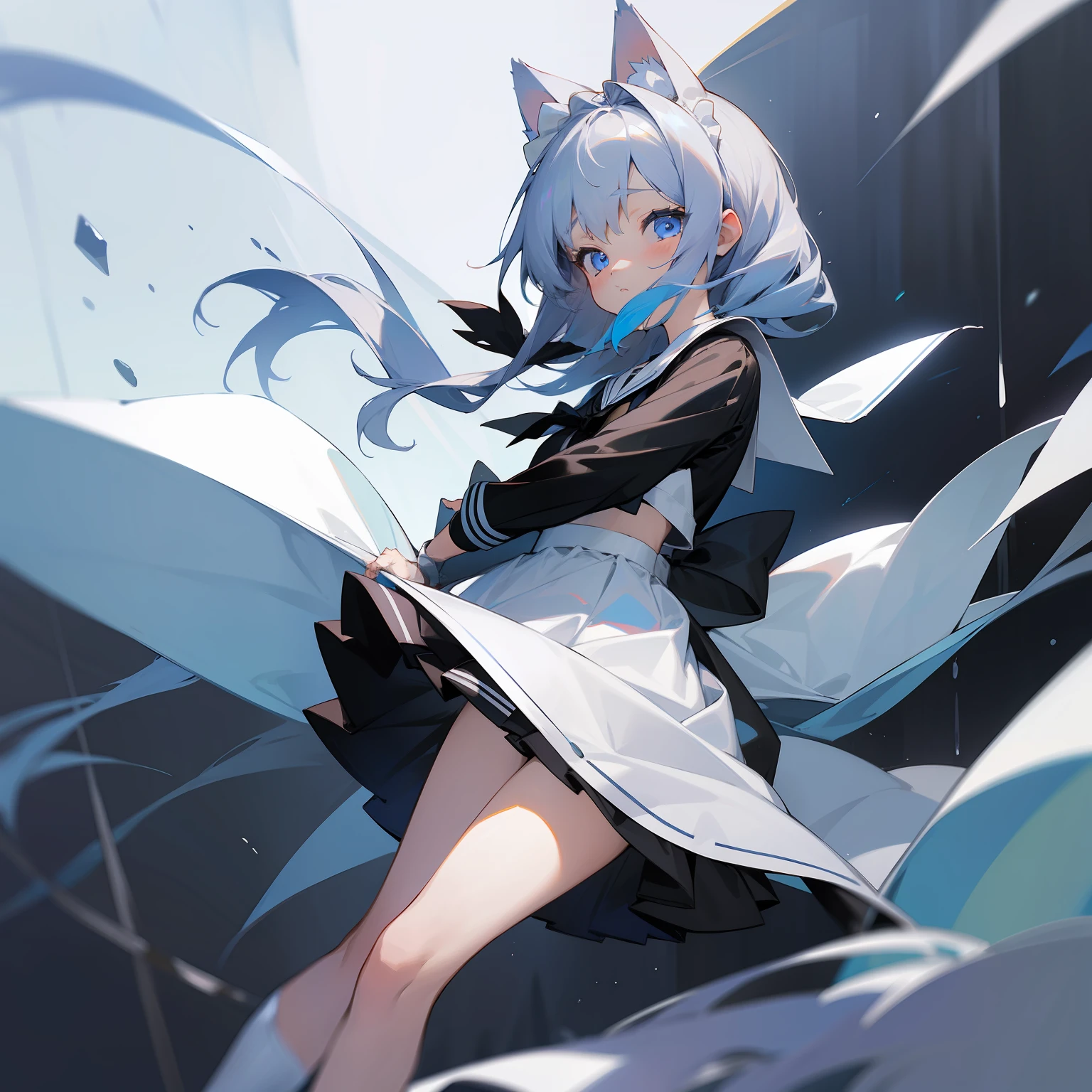 top-quality、masterpiece、、Cat's ears、silber hair、Longhaire、Light blue eyes、Black and white sailor suit、a miniskirt、maid clothes、frilld、PastelColors