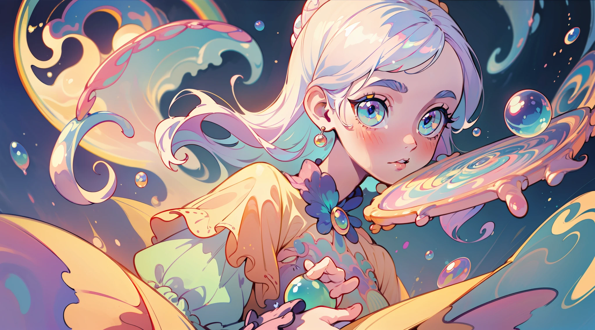 masterpiece, best quality, 8k resolution, sharp focus, intricate detail, beautiful girl, sparkling eyes, golden ratio face, otherworldly liquid, watercolor, pastel colors, bright colors, whimsical, colorful, sharp focus, high resolution, fine detail, princess layered ballgown, ((round eyes)), iridescent bubbles, magical