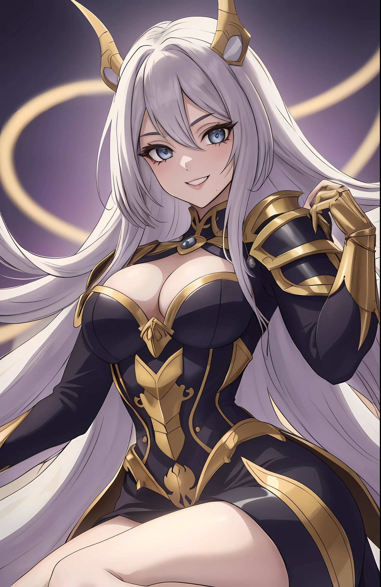 mulher 18 anos, anime, garota solo, cabelo preto ((cabelo preto)) cabelo preto, armadura medieval da realeza, armadura com decote ((peitos medios)), detalhes azul, Uplighting, 8k, Anime traits, altamente detalhado ((muitos detalhes)) olhos detalhados roxo, peitos medios, armadura de ouro, sexy, sensual, rosto atraente, sorriso sensual, cabelo preto, peitos a mostra