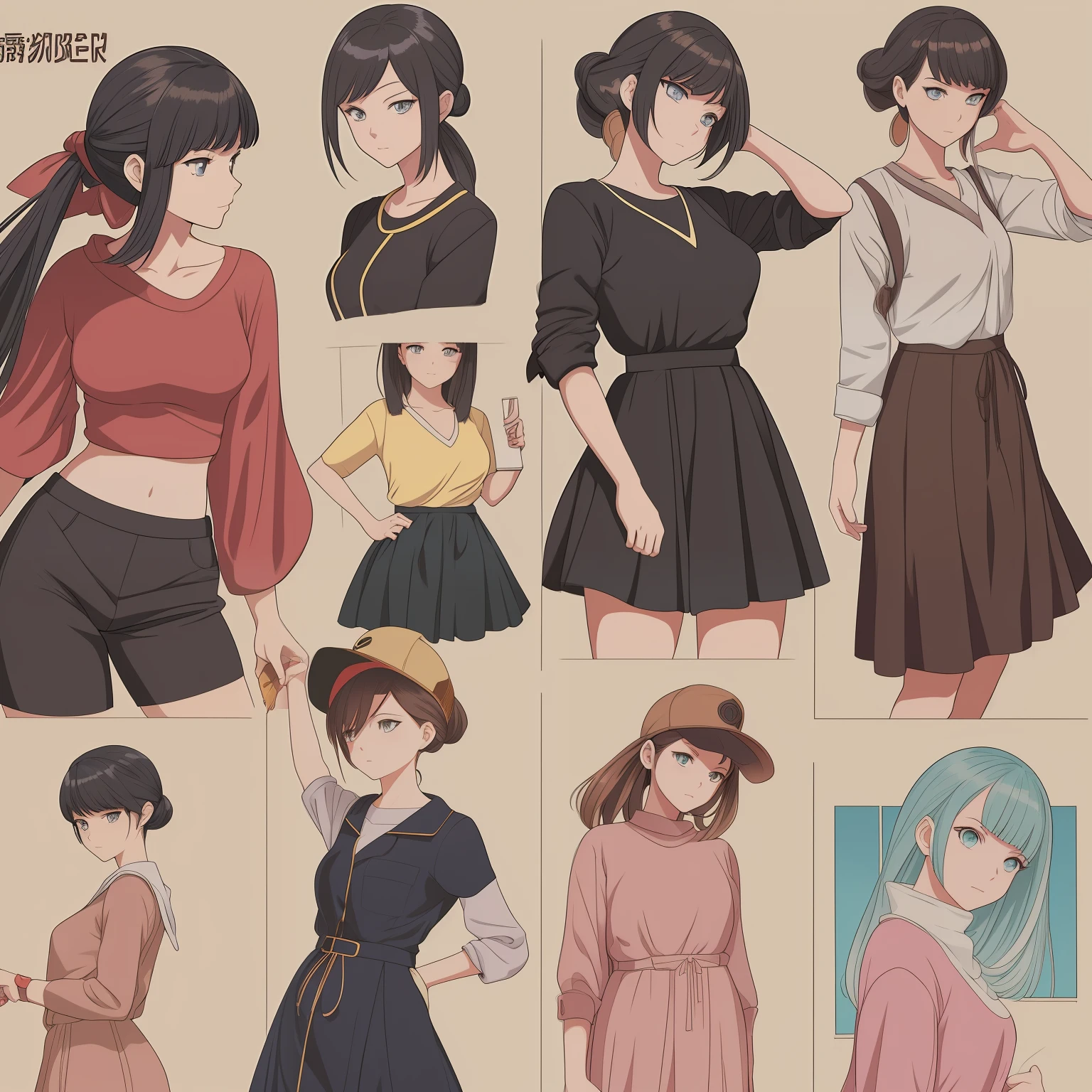 Generate a captivating vintage manga-style illustration of a single girl in fashionable streetwear. Emphasize a diverse range of facial features, hairstyles, and body types, while keeping the characters visually appealing and stylish. Incorporate confident and dynamic poses that exude personality. The color palette should evoke nostalgia, with vibrant accents, and the background should be a solid color to enhance the manga-panel-like effect. Prioritize hand-drawn artwork over a CGI appearance, aiming for a high-quality manga illustration that stands out with its artistic flair and detailed craftsmanship. Deliver the final image in the desired resolution and format to resemble a stunning manga panel.