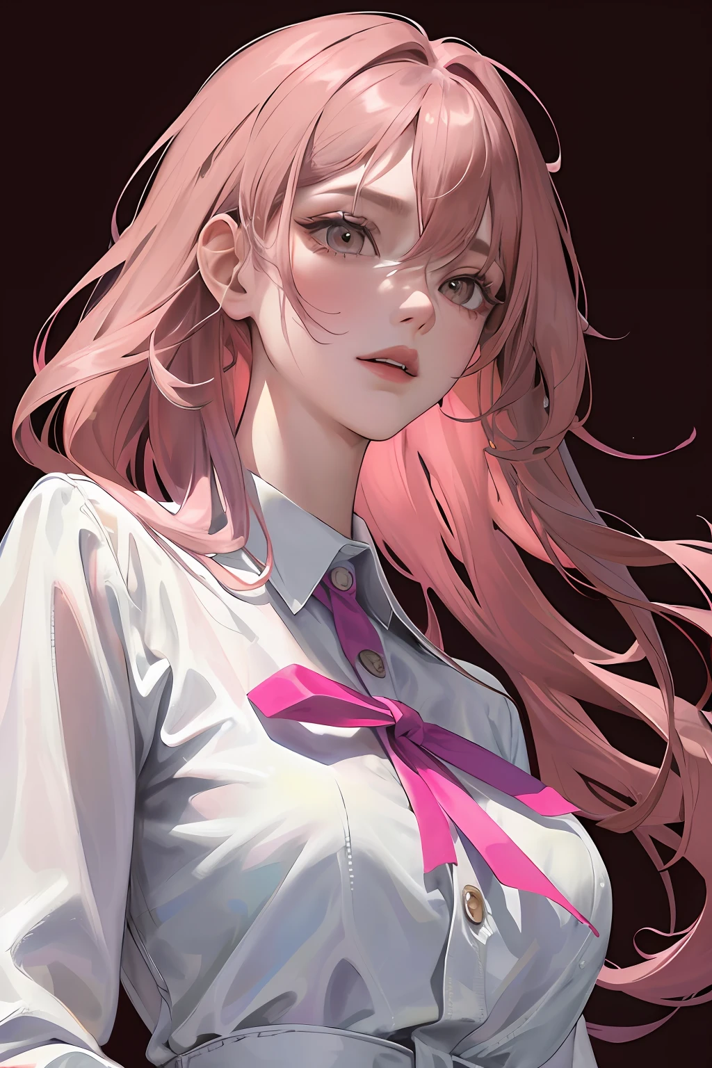 (Highest resolution, distinct_image) Best quality, A masterpiece of women, Highly detailed, Half realistic,(Most of the body),Pink Long Hair, bangs, 18 years old, Young,Pink-purple flight suit,stand-up collared shirt,trouser,sharpy face,(Brown eyes, hair between eye), Fluorescent long coating (Broken glass),((White background)),Cold, Serious,authoritative,Powerful,(Standing painting),(Exquisite facial features, Exquisite facial features)