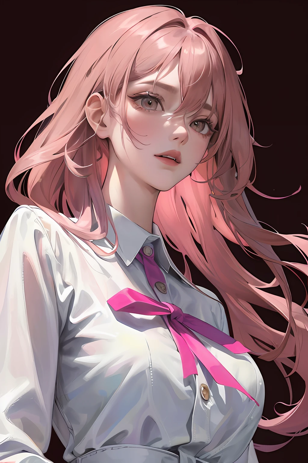 (Highest resolution, distinct_image) Best quality, A masterpiece of women, Highly detailed, Half realistic,(Most of the body),Pink Long Hair, bangs, 18 years old, Young,Pink-purple flight suit,stand-up collared shirt,trouser,sharpy face,(Brown eyes, hair between eye), Fluorescent long coating (Broken glass),((White background)),Cold, Serious,authoritative,Powerful,(Standing painting),(Exquisite facial features, Exquisite facial features)