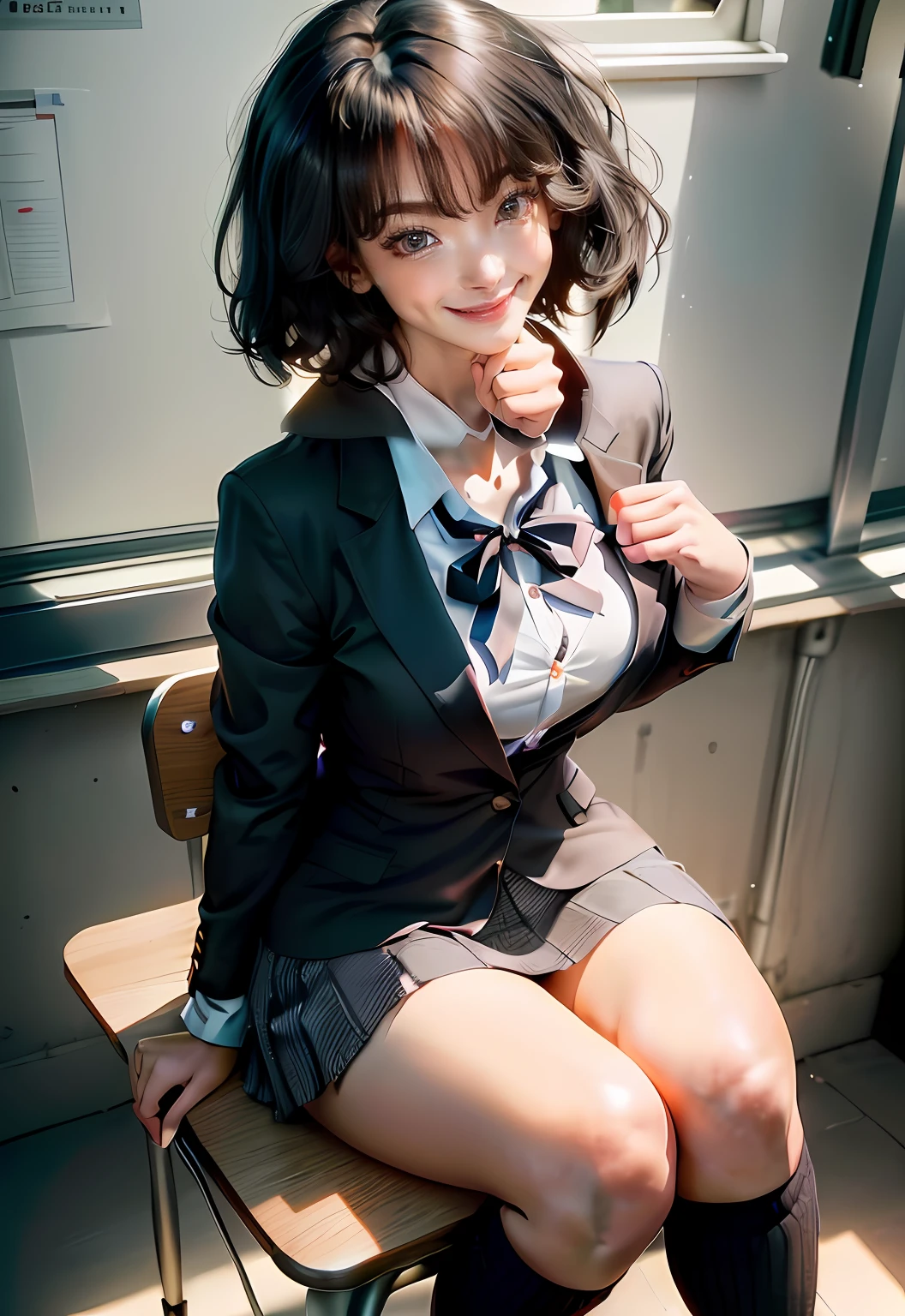 ((8k, RAW photos, top quality, masterpieces), high-definition RAW color photos professional close-up photos, (realistic, photorealism: 1.37), (highest quality), (best shadows), (best illustrations), collarbones ((big)), ((erotic, sexy, ultra high resolution, high-definition CG unified 8K wallpapers, physically based rendering, movie lighting), (aegyo sal:1), 18 year old girl, (grey blazer, ribbon, socks, high school uniform: 1.2), high school classroom, beautiful detail eyes, light on the face, ((full body shot: 1.2)), especially strong light, (upper eyes, grinning smile:1.2),shiny skin, (((black hair, bob hair:1.2))), ( thick thighs), ulzzang-6500-v1.1:0.2, shy, (flash:1.2), NSFW , (puffy), ((seductive posture: 1.2, attractive: 1.2)), (idle), (sitting at a desk in classroom: 1.2)), ((good anatomy: 1.2)), ((bright and refreshing classroom, background blurred: 1.2)), perfect face, cute face, (high angle shot:1.2)
