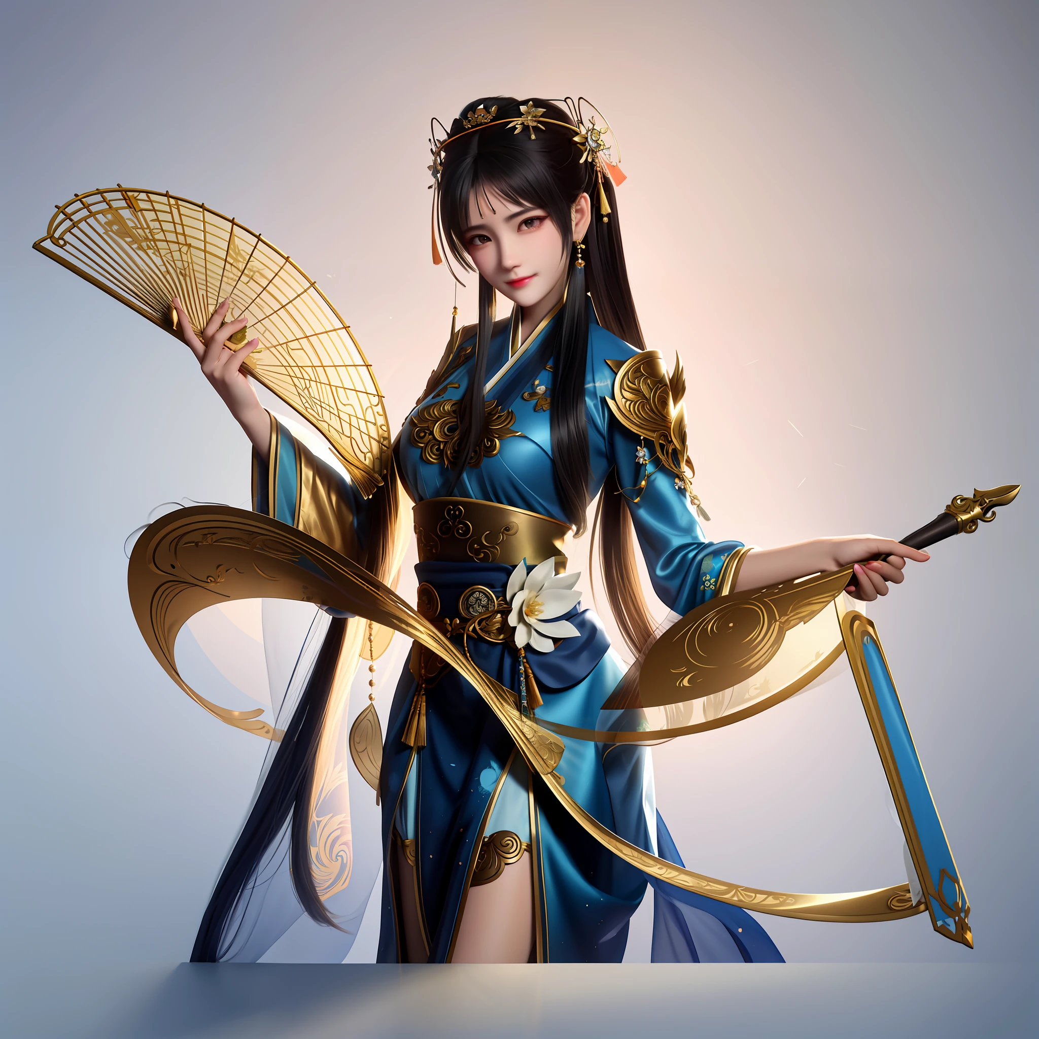 Beautiful woman in era blue dress, Holding a paper fan in his right hand, Hold the brush in your left hand, A girl in Hanfu, trending on cgstation, Inspired by Lan Ying, a beautiful fantasy empress, full-body xianxia, Inspired by Qiu Ying, inspired by Du Qiong, G Liulian art style, Inspired by Li Tang, Chinese clothing 32K Ultra HD, Light cyan and light amber, Beautiful woman in floral pattern dress, in the style of anime art, Light cyan and amber, Detailed facial features, Dream illustration style zbrush, UHD image, Feminine elegance, light gold and bronze, anime artsyle, Organic and flowing forms, Free brush strokes, illustrated, in the style of artgerm, Long-sleeve tickets, Excellent quality, Action painter, amazing moment, Vray, Unreal Engine5, cinmatic lighting, Particle, Realistic pvc textures, 32k, cinematic photogtaphy, Full body vertical painting, poster for, light smile, bead necklace, bokeh, Verism, cinematic lighting, ray tracing, reflection light, drop shadow, anatomically correct, textured skin, super detail, high details, high quality, masterpiece, retina, ccurate, award winning, best quality, highres