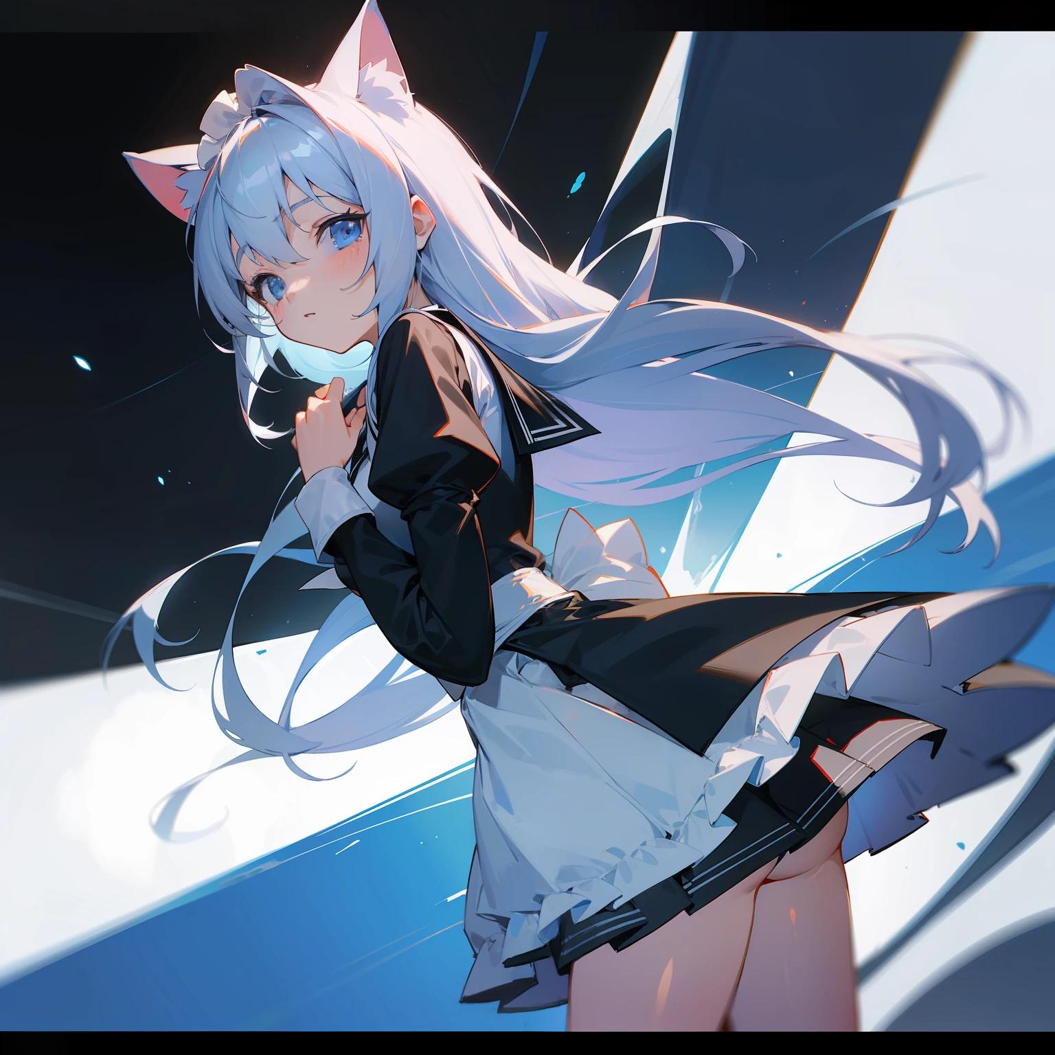 top-quality、​masterpiece、、Cat's ears、silber hair、Longhaire、Light blue eyes、Black and white sailor suit、a miniskirt、maid clothes、frilld、PastelColors