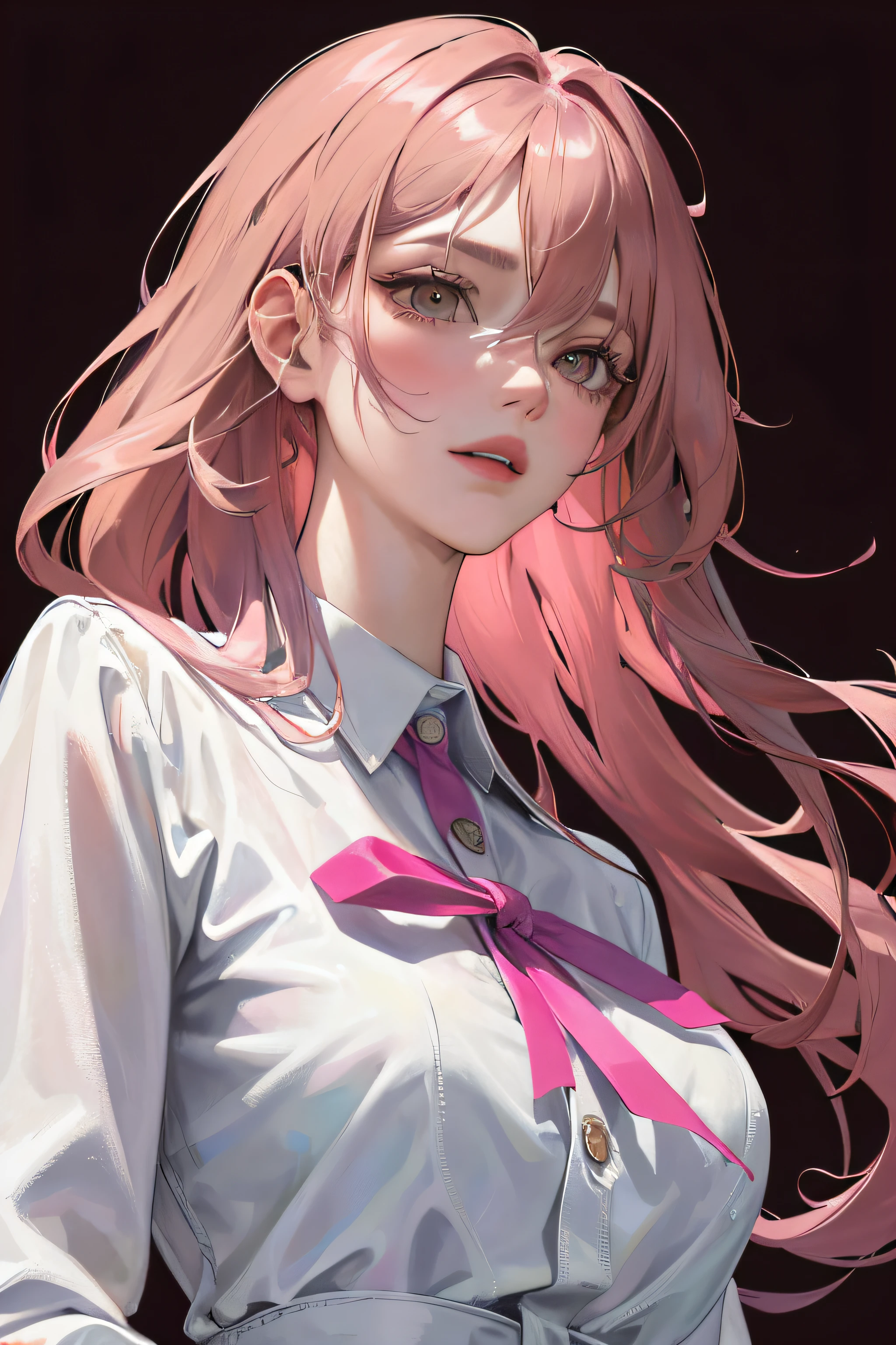 (Highest resolution, distinct_image) Best quality, A masterpiece of women, Highly detailed, Half realistic,(Most of the body),Pink Long Hair, bangs, 18 years old, Young,Pink-purple flight suit,stand-up collared shirt,trouser,sharpy face,(Brown eyes, hair between eye), Fluorescent long coating (Broken glass),((White background)),Cold, Serious,authoritative,Powerful,(Standing painting),(Exquisite facial features, Exquisite facial features)