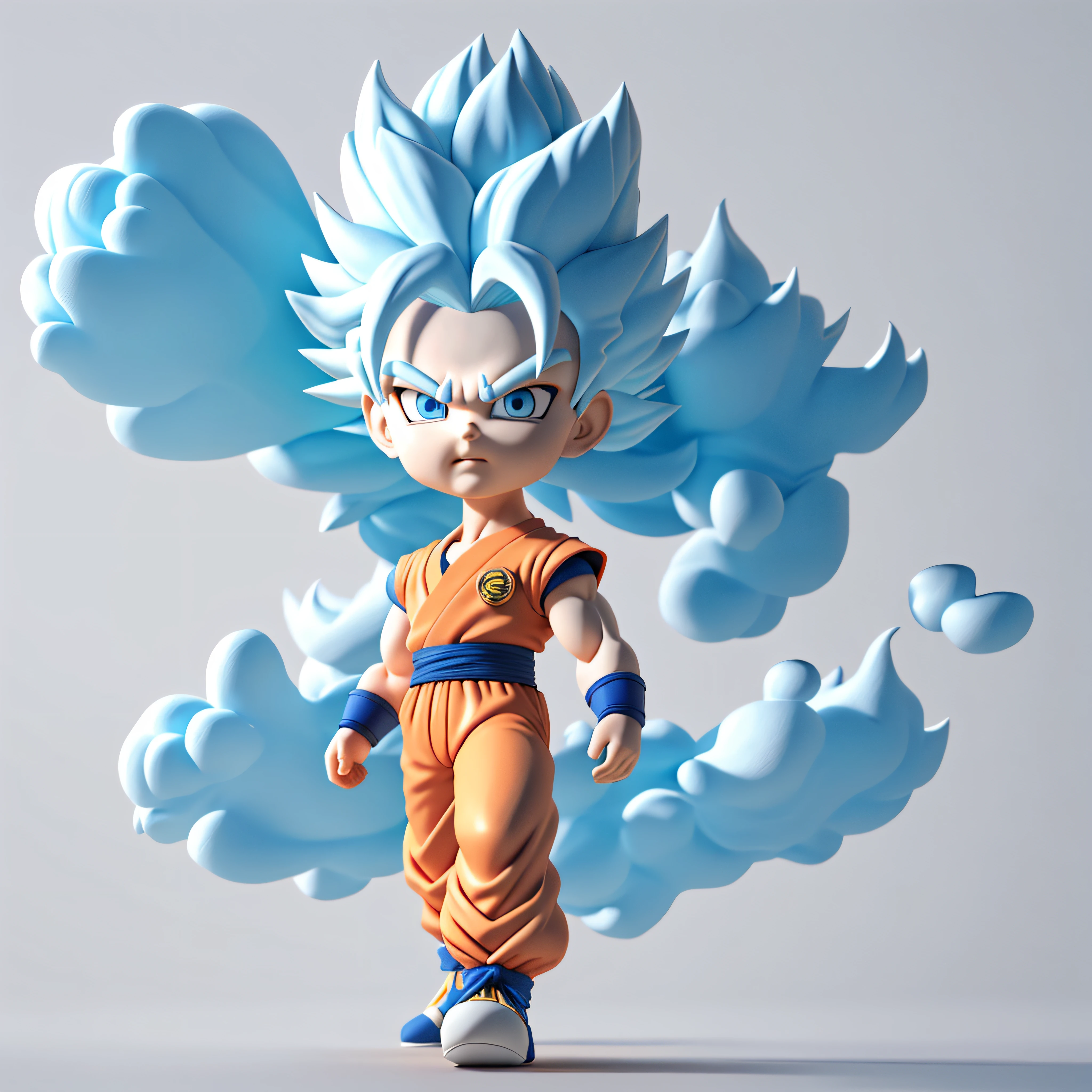 Goku, super saiyan, exquisite hair, arm depiction, white and blue hair body, exquisite shoes, facial features depiction, exquisite facial features, eye depiction, exquisite hair, popmart blind box, clay texture, stepping on the ground, black and white background, natural light, best quality, ultra detail, 3d art, c4d, oc renderer, 3d render, 8k