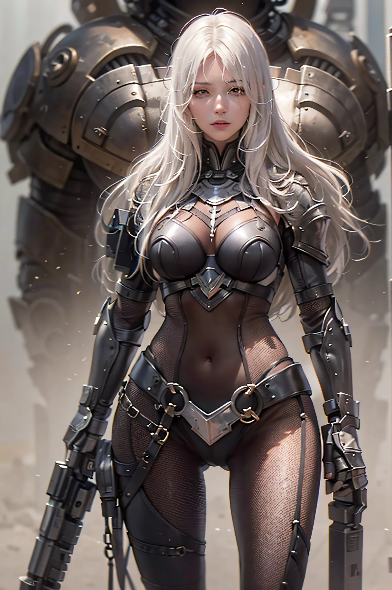 1girl, solo, robot, bodysuit, brown_eyes, looking_at_viewer, black_background, breasts, armor, cowboy_shot, standing, white_hair, long_hair, medium_breasts,(Natural skin texture,ultra-realistic realism,the soft light,Sharp),masterpiece, best quality, ultra-detailed, best shadow
