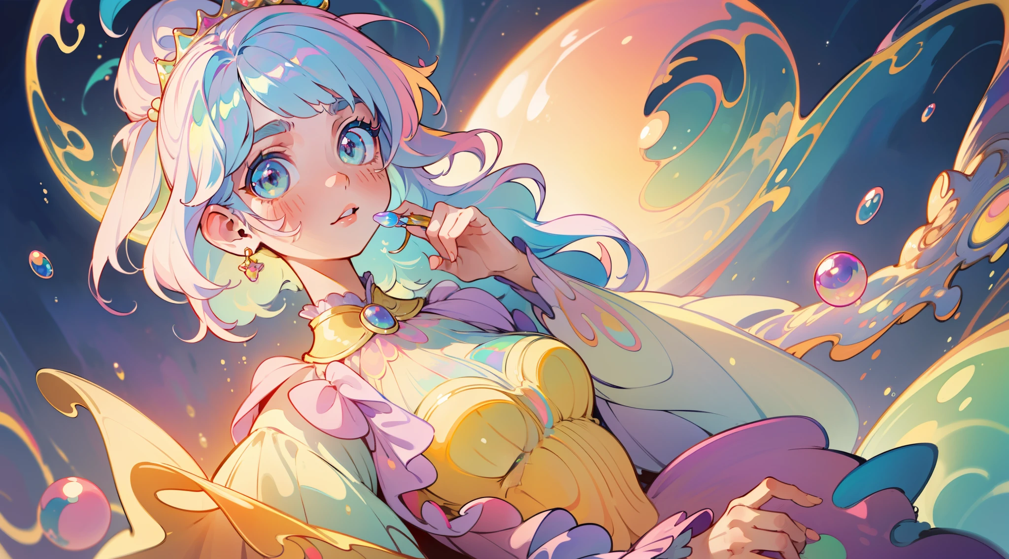 masterpiece, best quality, 8k resolution, sharp focus, intricate detail, beautiful girl, sparkling eyes, golden ratio face, otherworldly liquid, watercolor, pastel colors, bright colors, whimsical, colorful, sharp focus, high resolution, fine detail, princess layered ballgown, ((round eyes)), iridescent bubbles, magical