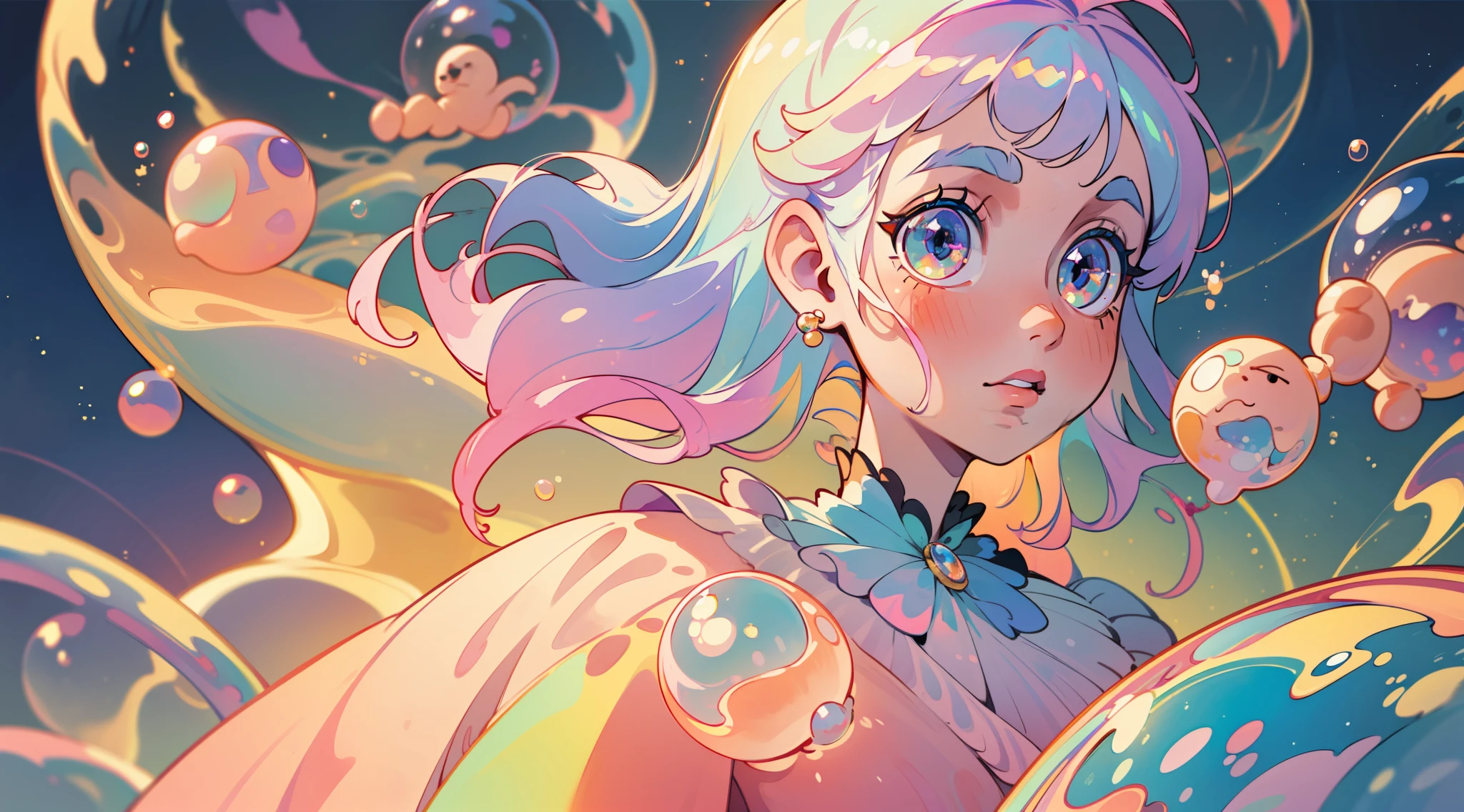 masterpiece, best quality, 8k resolution, sharp focus, intricate detail, beautiful girl, sparkling eyes, golden ratio face, otherworldly liquid, watercolor, pastel colors, bright colors, whimsical, colorful, sharp focus, high resolution, fine detail, princess layered ballgown, ((round eyes)), iridescent bubbles, magical