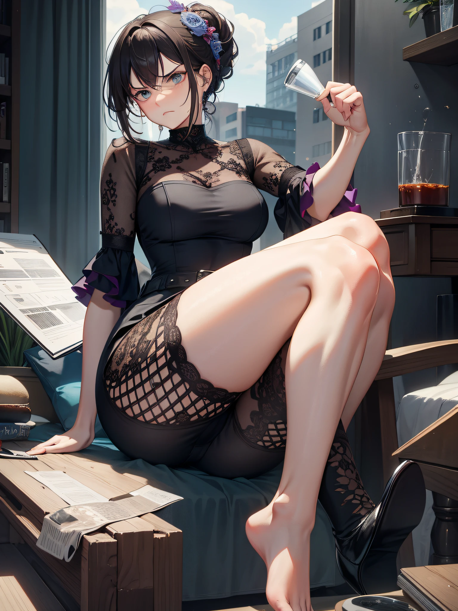Middle-aged woman,The look is angry,The foot was smashed by a cup